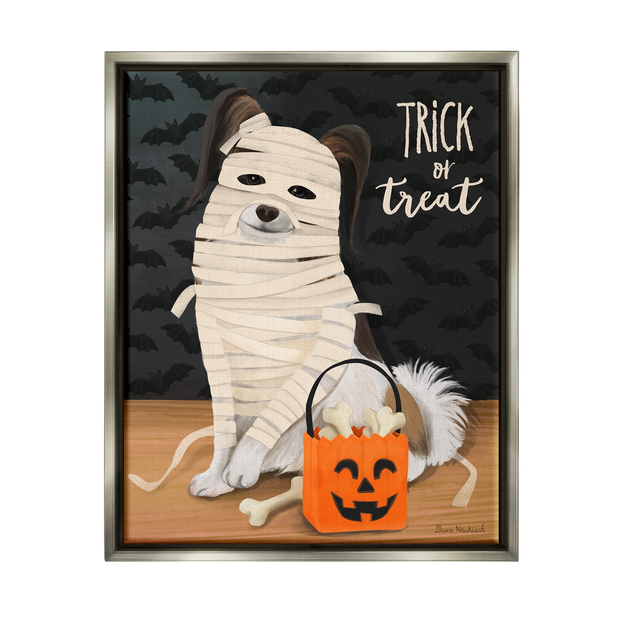 Stupell Industries Dog Wearing Mummy Costume Trick or Treat Halloween Graphic Art Luster Gray Floating Framed Canvas Print Wall Art, Design by Diane Neukirch