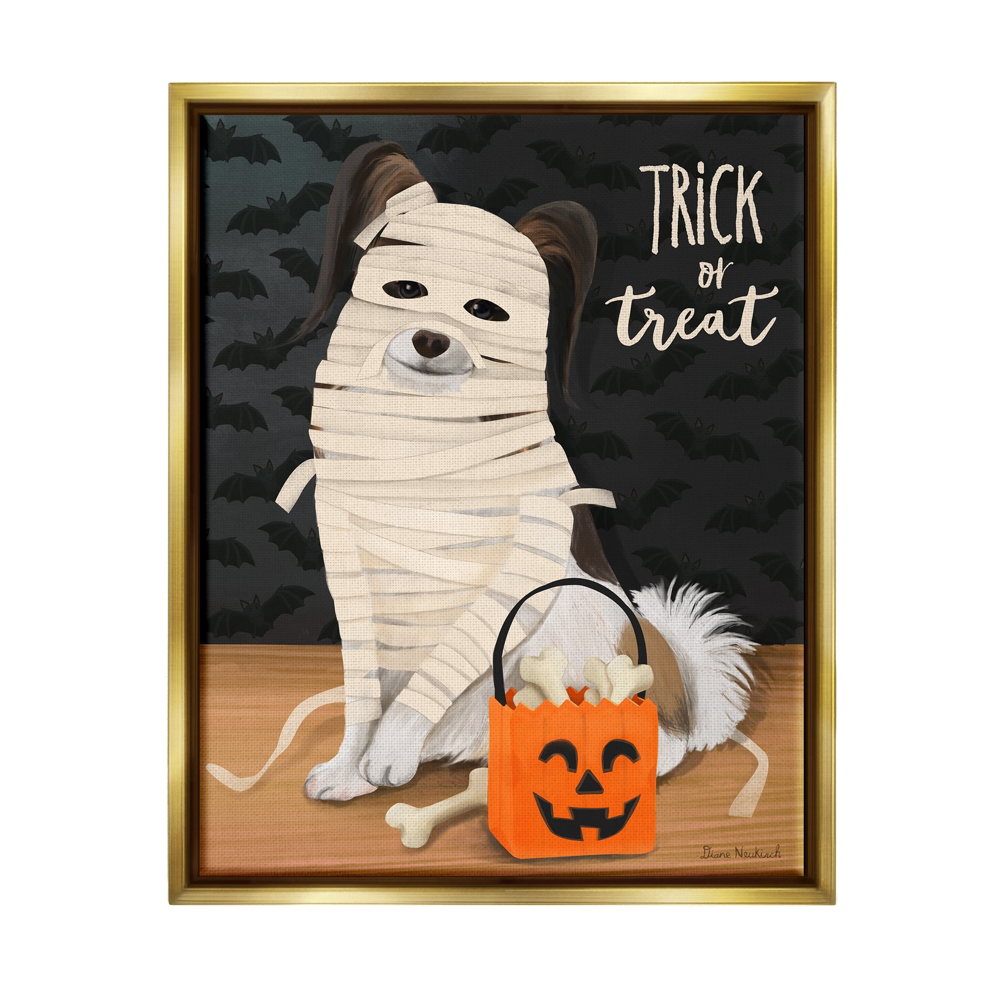 Stupell Industries Dog Wearing Mummy Costume Trick or Treat Halloween Graphic Art Metallic Gold Floating Framed Canvas Print Wall Art, Design by Diane Neukirch
