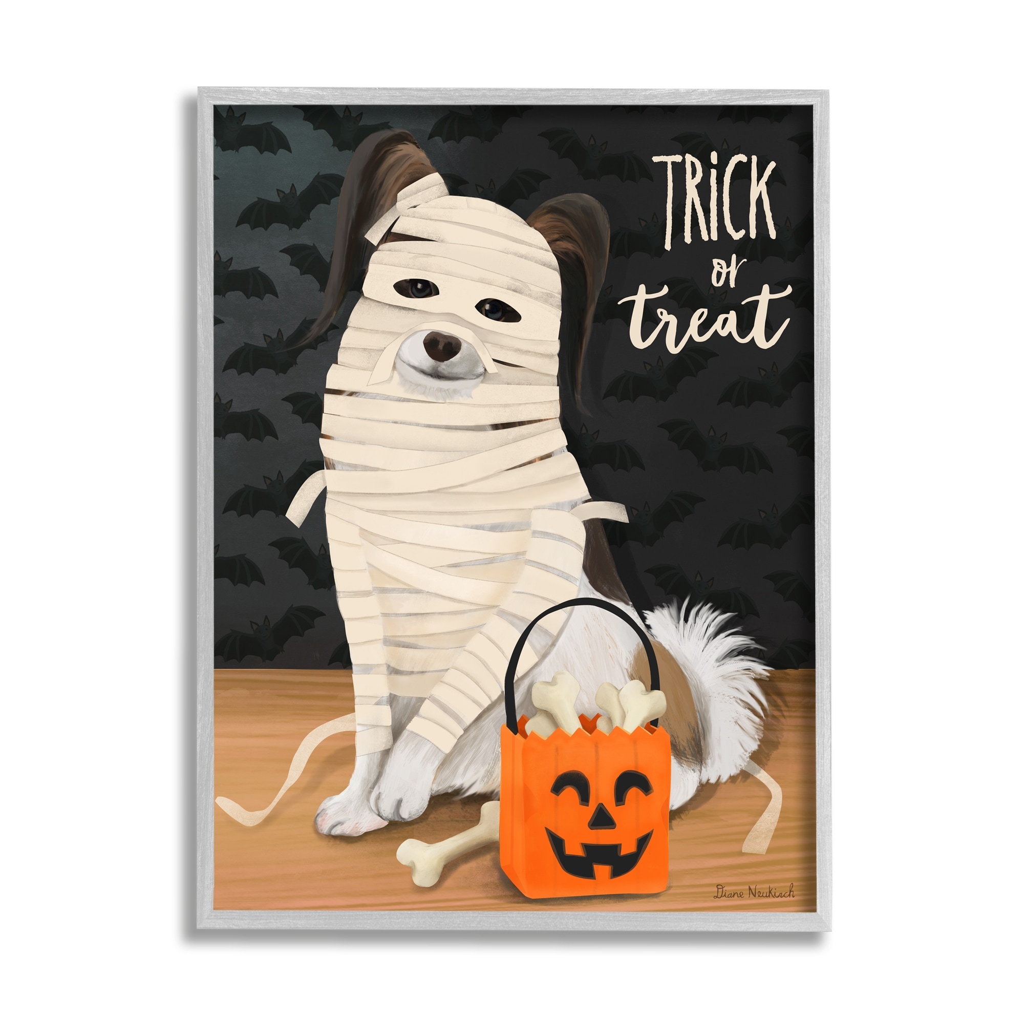 Stupell Industries Dog Wearing Mummy Costume Trick or Treat Halloween Graphic Art Gray Framed Art Print Wall Art, Design by Diane Neukirch