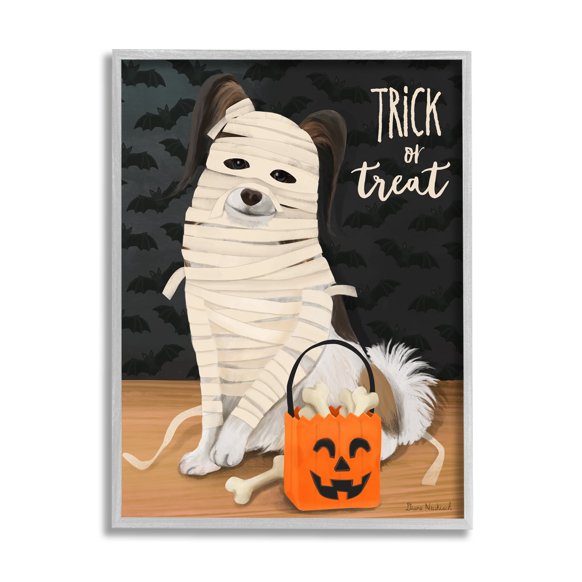 Stupell Industries Dog Wearing Mummy Costume Trick or Treat Halloween Graphic Art Gray Framed Art Print Wall Art, Design by Diane Neukirch