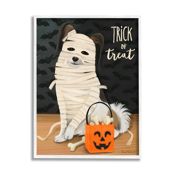 Stupell Industries Dog Wearing Mummy Costume Trick or Treat Halloween Graphic Art White Framed Art Print Wall Art, Design by Diane Neukirch