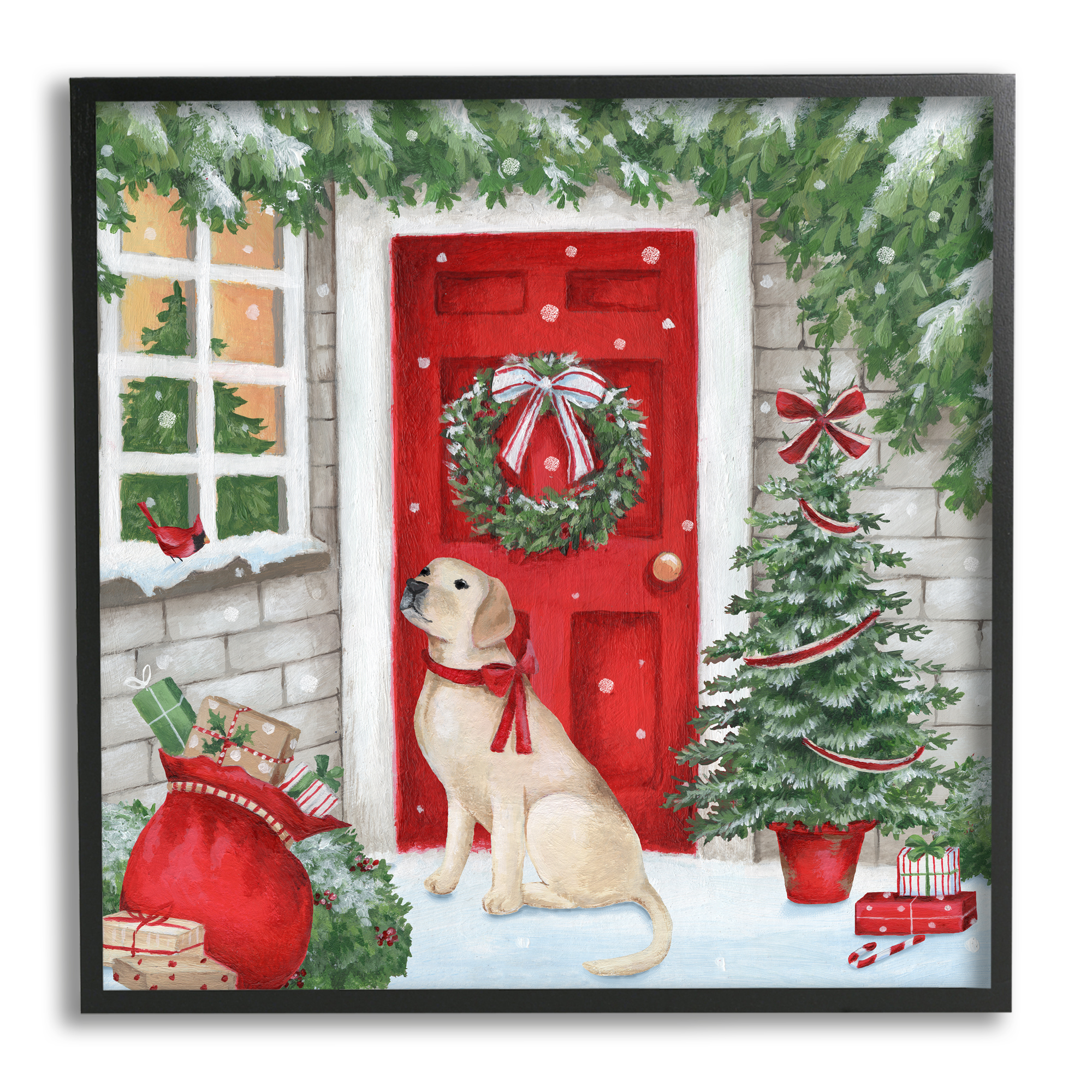 Stupell Industries Dog & Winter Holiday Doorway Holiday Painting Black Framed Art Print Wall Art, 24 x 24