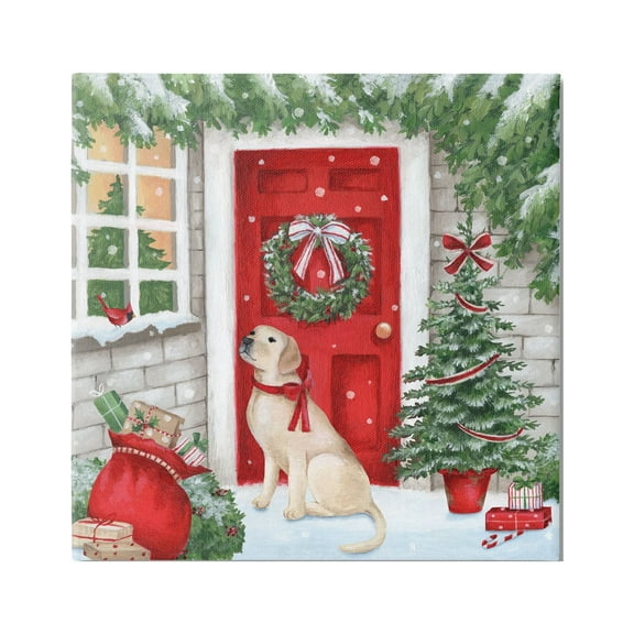 Stupell Industries Dog & Winter Holiday Doorway Holiday Painting Gallery Wrapped Canvas Art Print Wall Art, 17 x 17