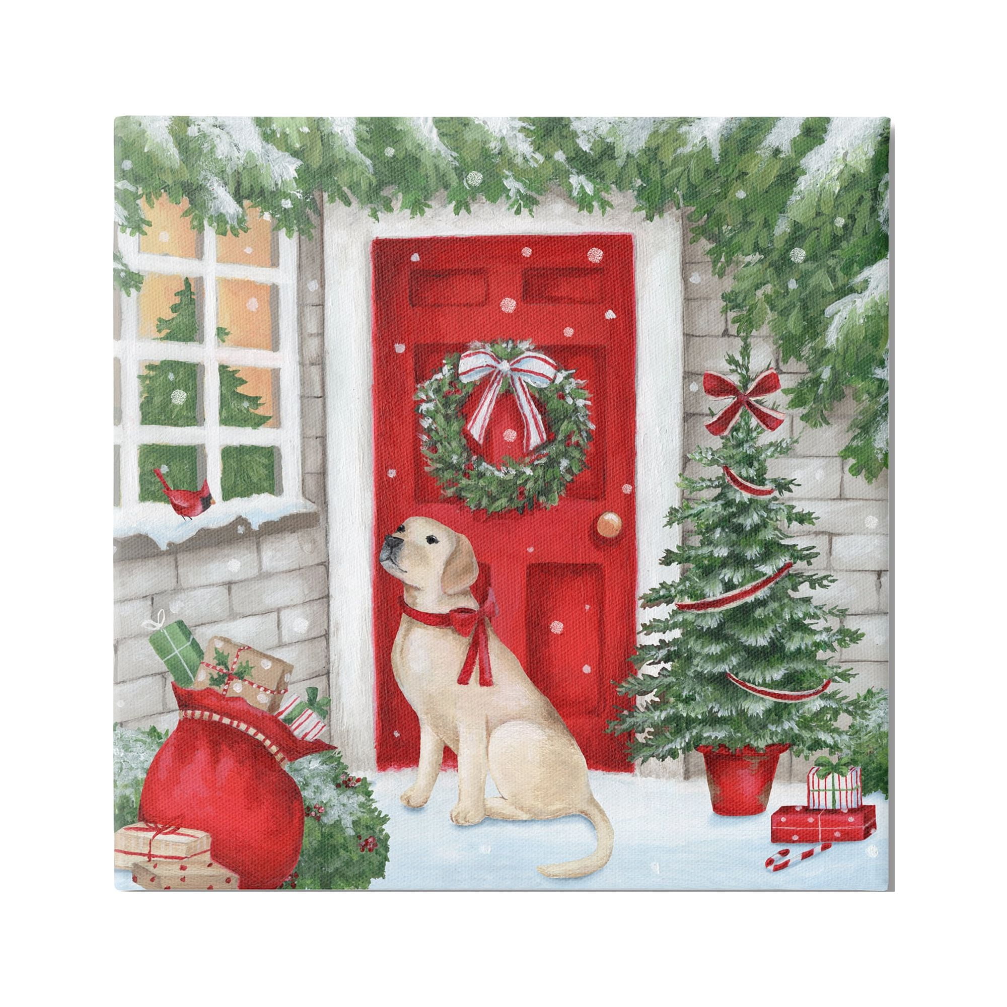 Stupell Industries Dog & Winter Holiday Doorway Holiday Painting Gallery Wrapped Canvas Art Print Wall Art, 30 x 30