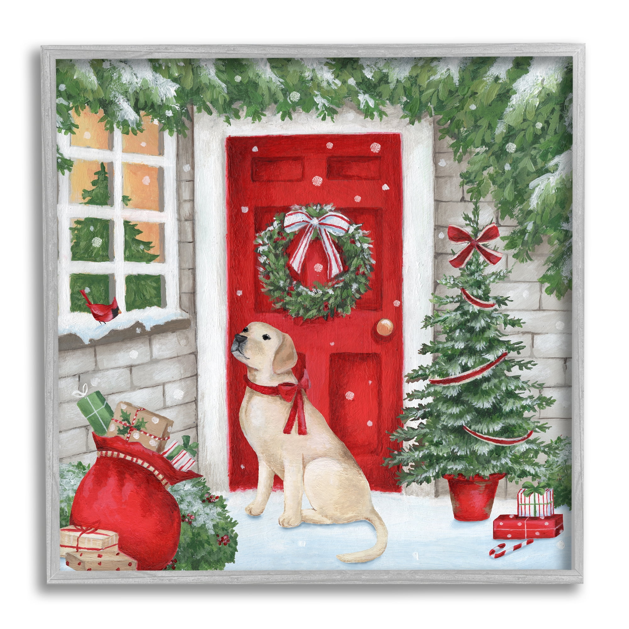 Stupell Industries Dog & Winter Holiday Doorway Holiday Painting Gray Framed Art Print Wall Art, 17 x 17