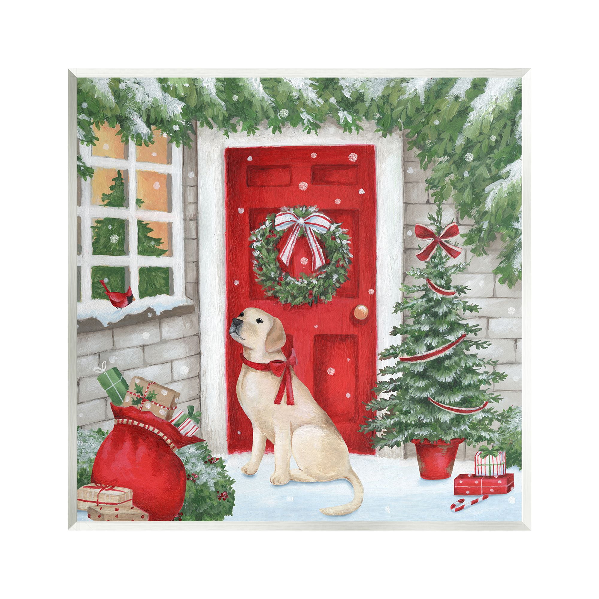 Stupell Industries Dog & Winter Holiday Doorway Holiday Painting Unframed Art Print Wall Art, 12 x 12