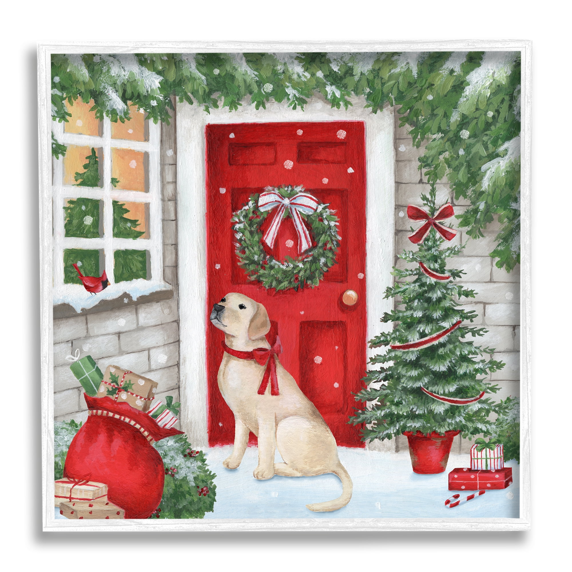 Stupell Industries Dog & Winter Holiday Doorway Holiday Painting White Framed Art Print Wall Art, 17 x 17