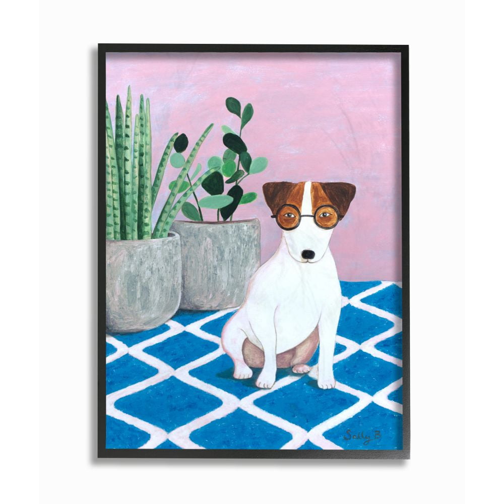 Stupell Industries Dog With Plants Pink Blue Pet Painting Black Framed Art Print Wall Art, 24x30, by Sally B