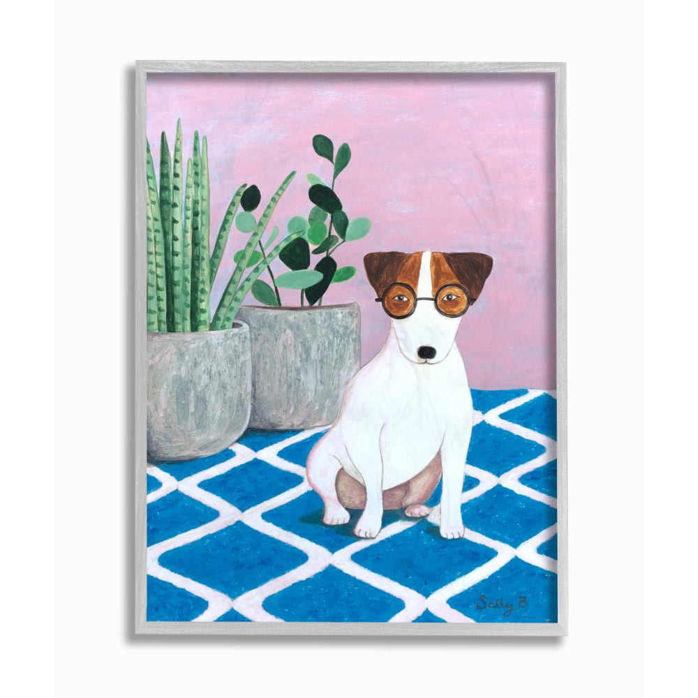 Stupell Industries Dog With Plants Pink Blue Pet Painting Framed Wall Art by Sally B, 16" x 20", Gray Framed