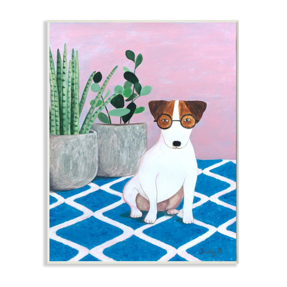 Stupell Industries Dog With Plants Pink Blue Pet Painting Wall Plaque by Sally B