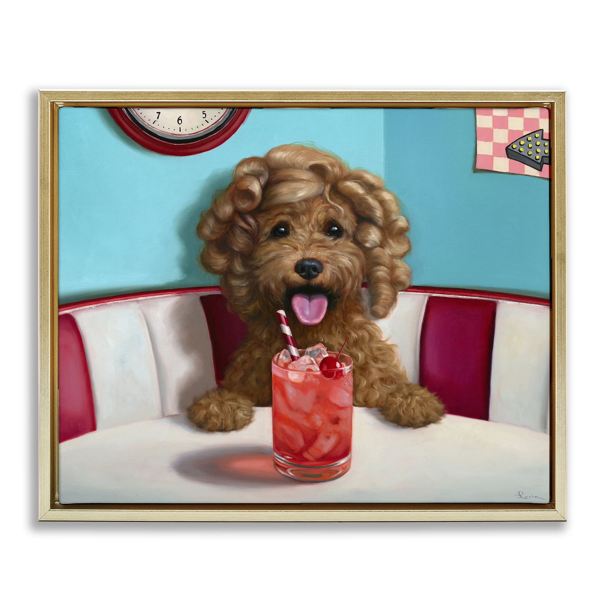 Stupell Industries Dog at Diner with Drink Food & Beverage Painting Gold Floater Framed Canvas Art Print Wall Art, 21 x 17