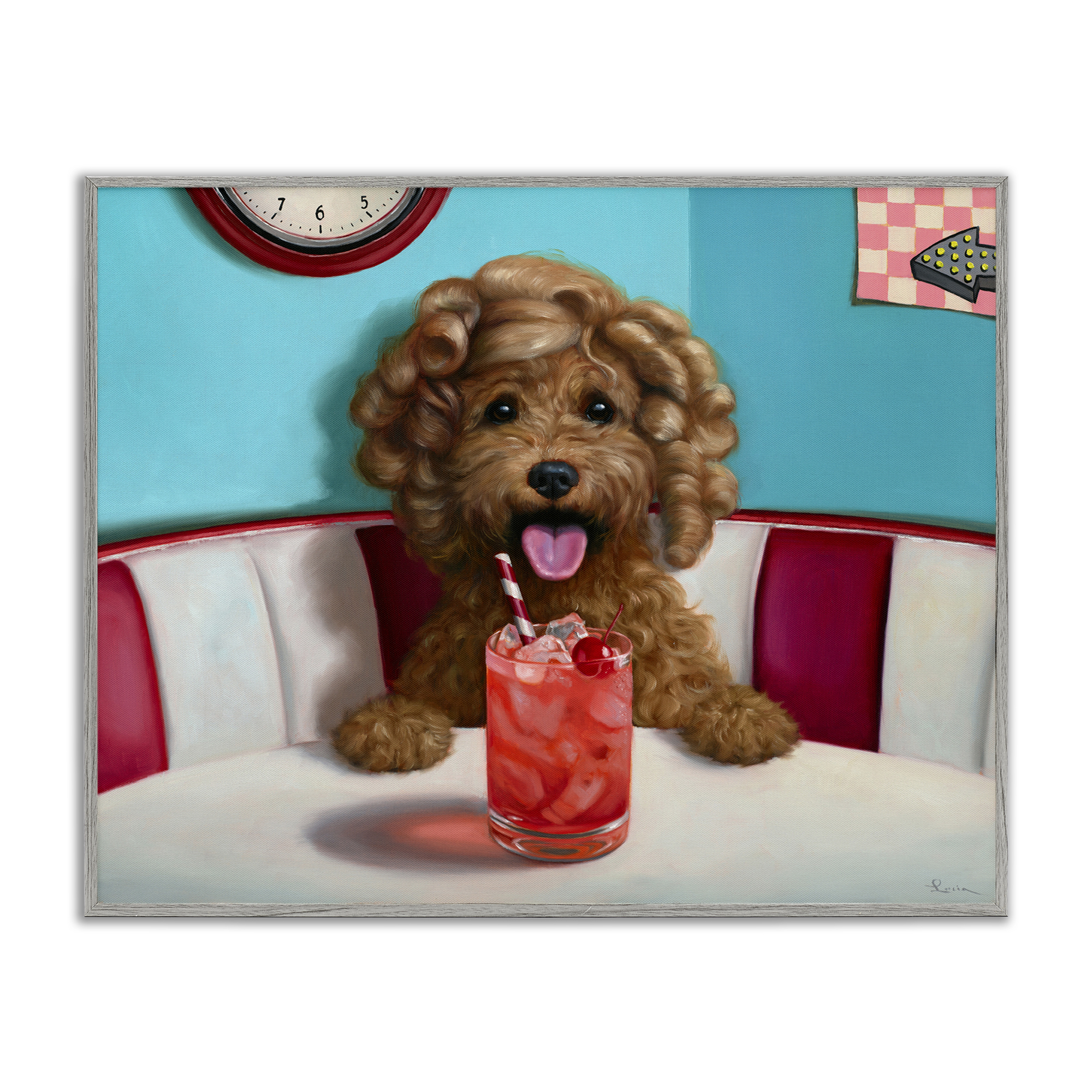 Stupell Industries Dog at Diner with Drink Food & Beverage Painting Gray Framed Art Print Wall Art, 20 x 16