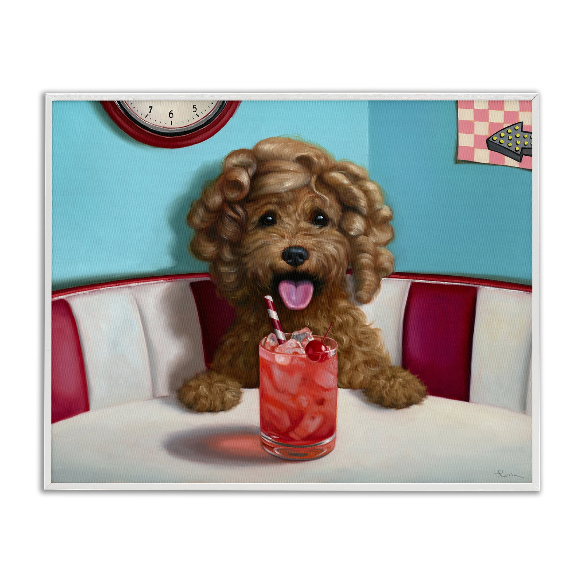 Stupell Industries Dog at Diner with Drink Food & Beverage Painting White Framed Art Print Wall Art, 30 x 24
