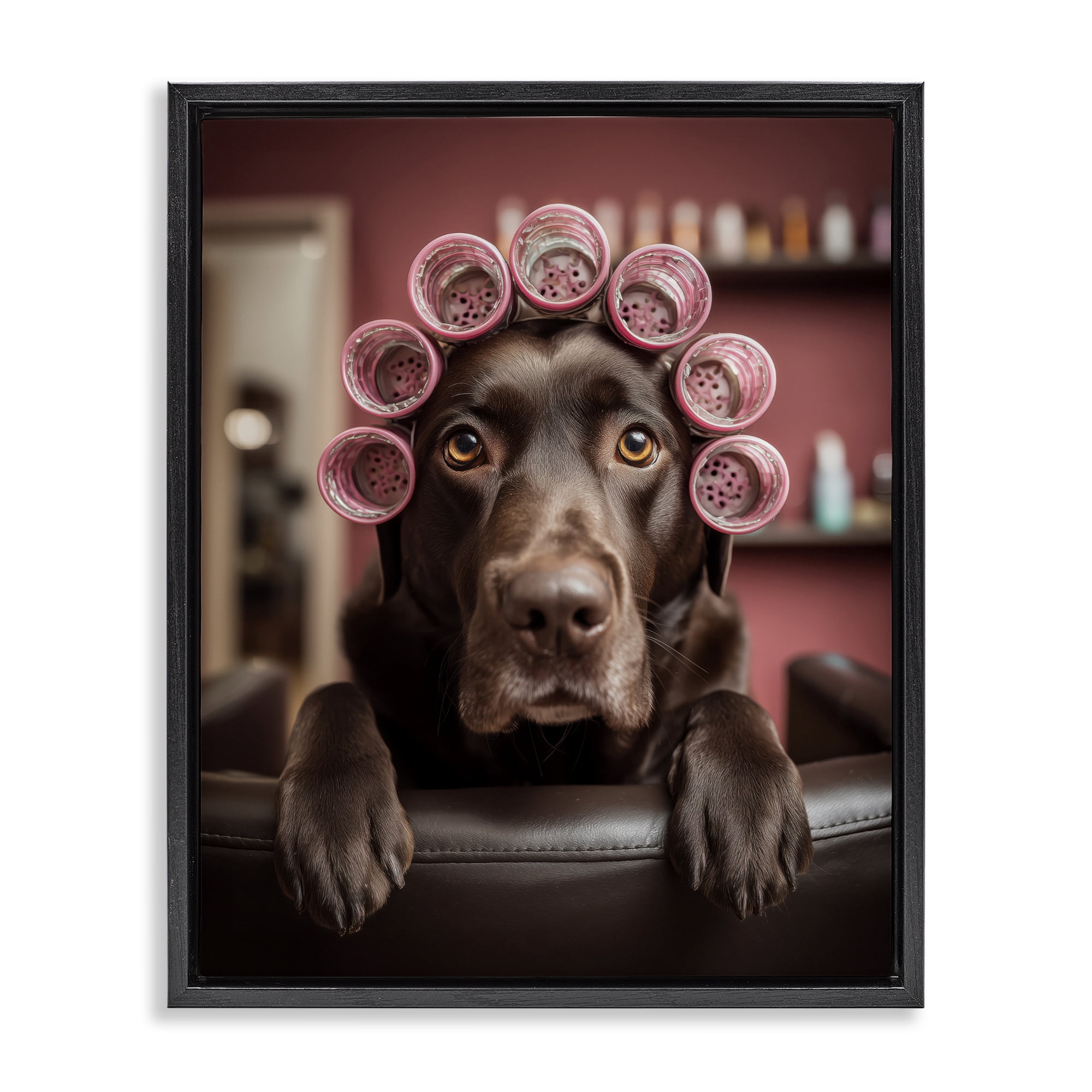 Stupell Industries Dog at Salon with Curlers Black Framed Floater Canvas Wall Art, design by Scott Stulberg