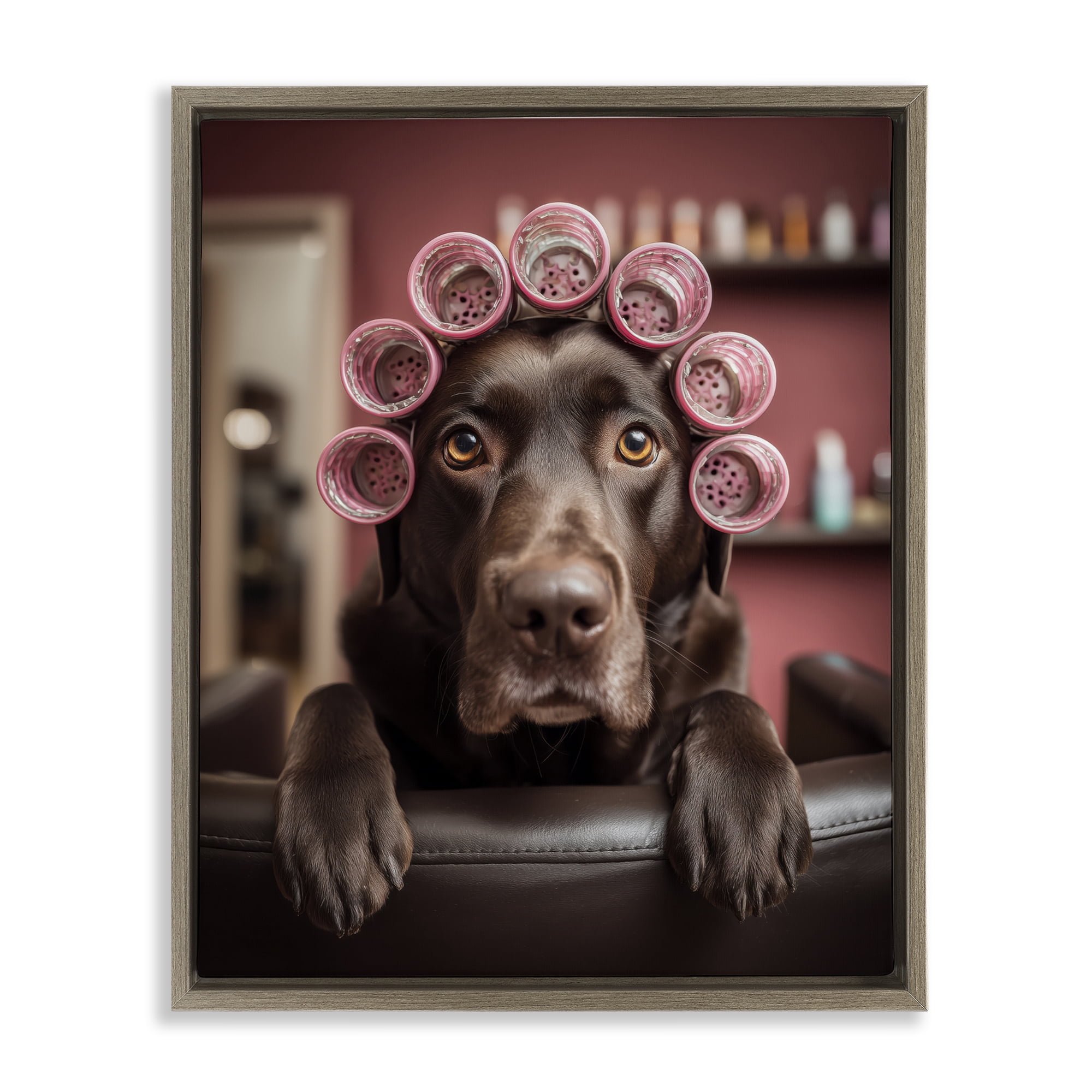 Stupell Industries Dog at Salon with Curlers Brown Framed Floater Canvas Wall Art, design by Scott Stulberg