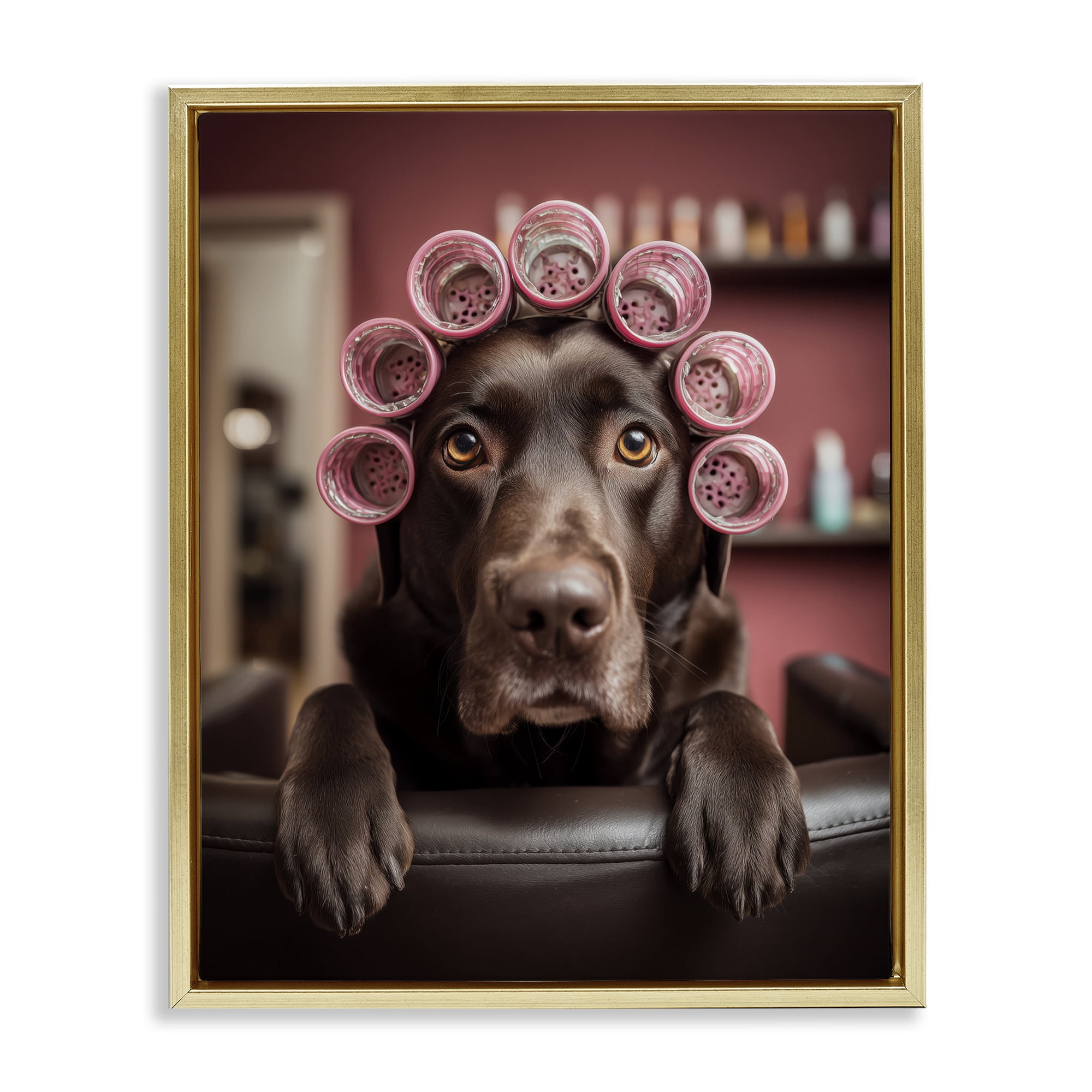 Stupell Industries Dog at Salon with Curlers Gold Framed Floater Canvas Wall Art, design by Scott Stulberg