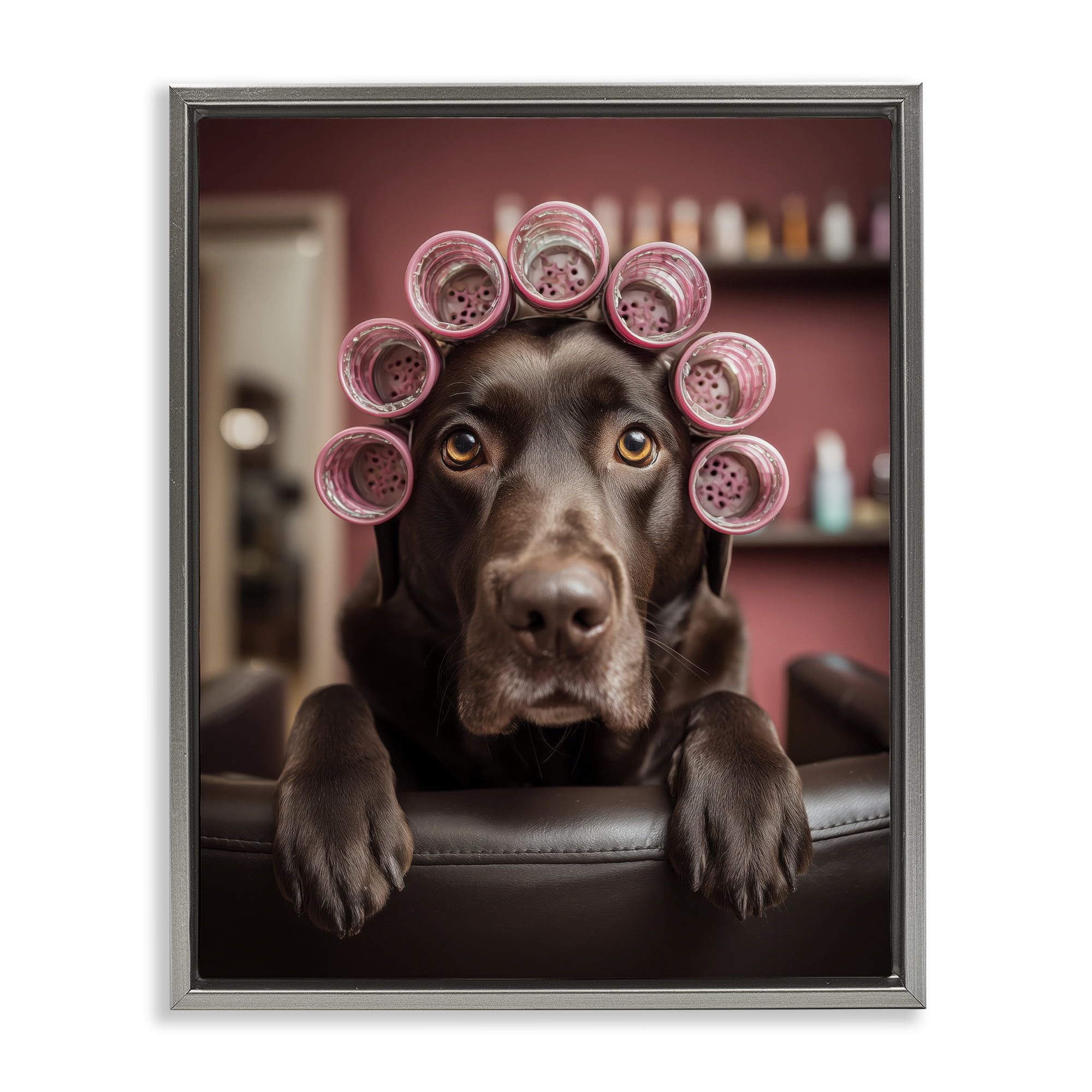 Stupell Industries Dog at Salon with Curlers Gray Framed Floater Canvas Wall Art, design by Scott Stulberg