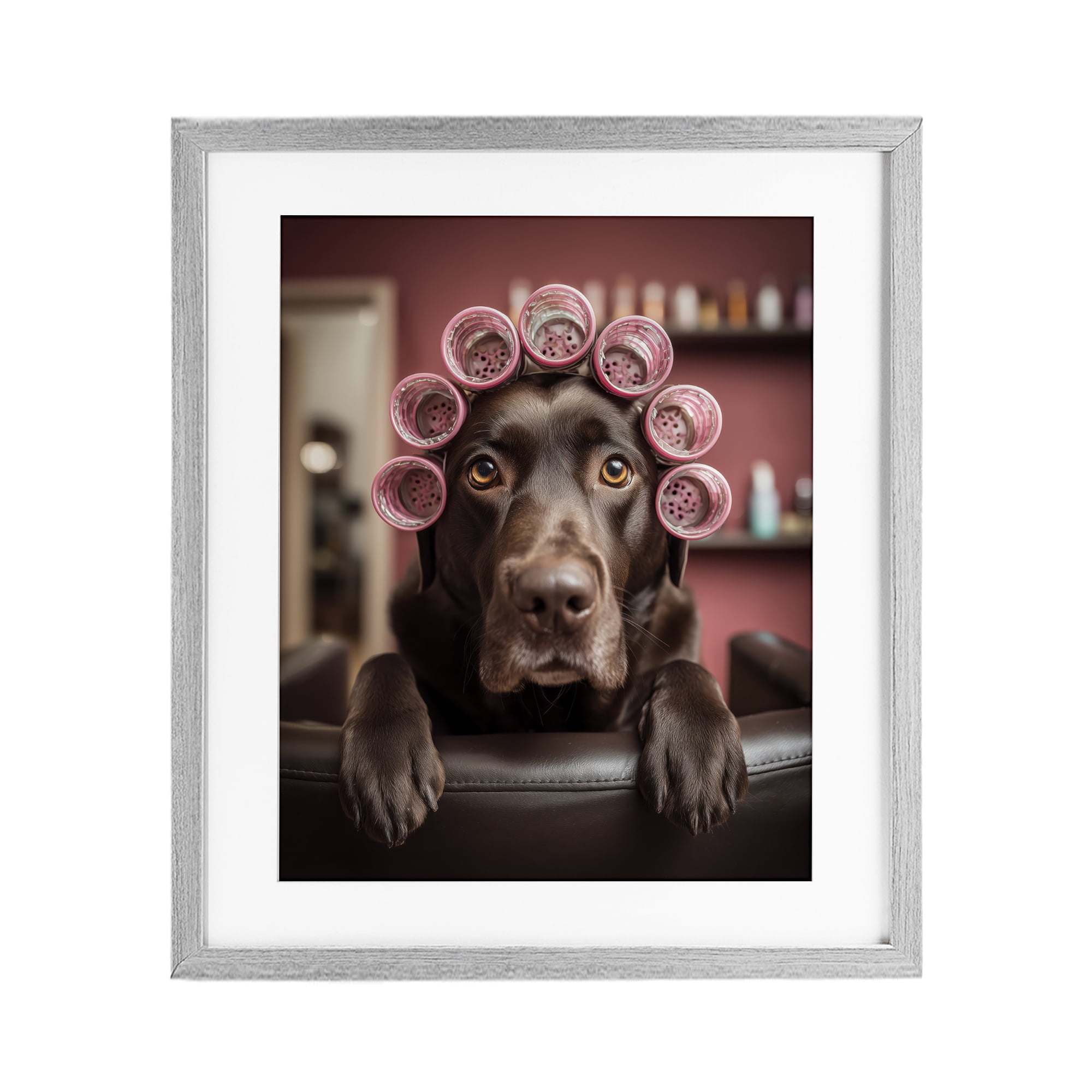 Stupell Industries Dog at Salon with Curlers Gray Framed Print Under Glass, design by Scott Stulberg