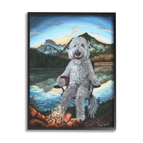 Stupell Industries Dog by Campfire Landscape Nature Painting Black Framed Art Print Wall Art, 16 x 20
