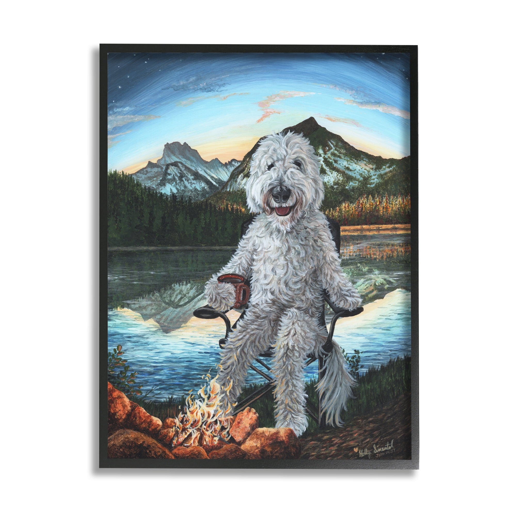 Stupell Industries Dog by Campfire Landscape Nature Painting Black Framed Art Print Wall Art, 24 x 30