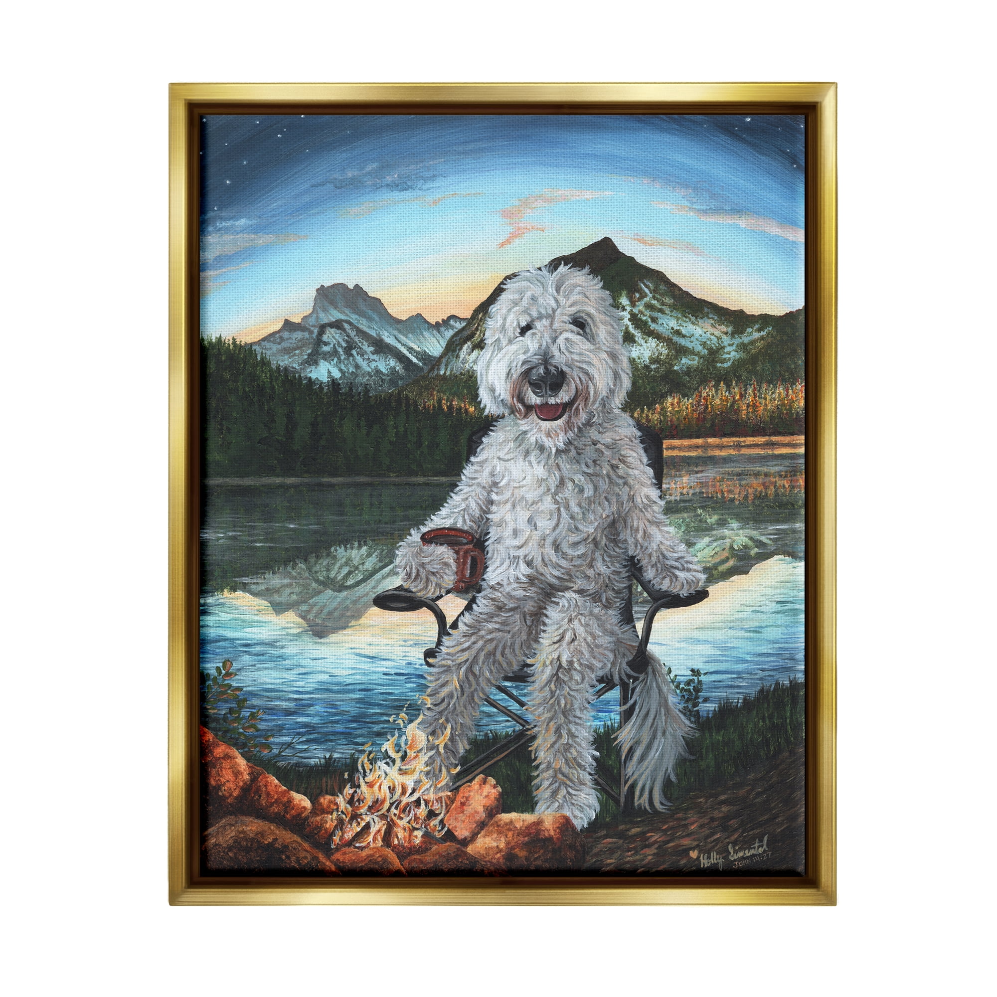 Stupell Industries Dog by Campfire Landscape Nature Painting Gold Floater Framed Art Print Wall Art, 17 x 21