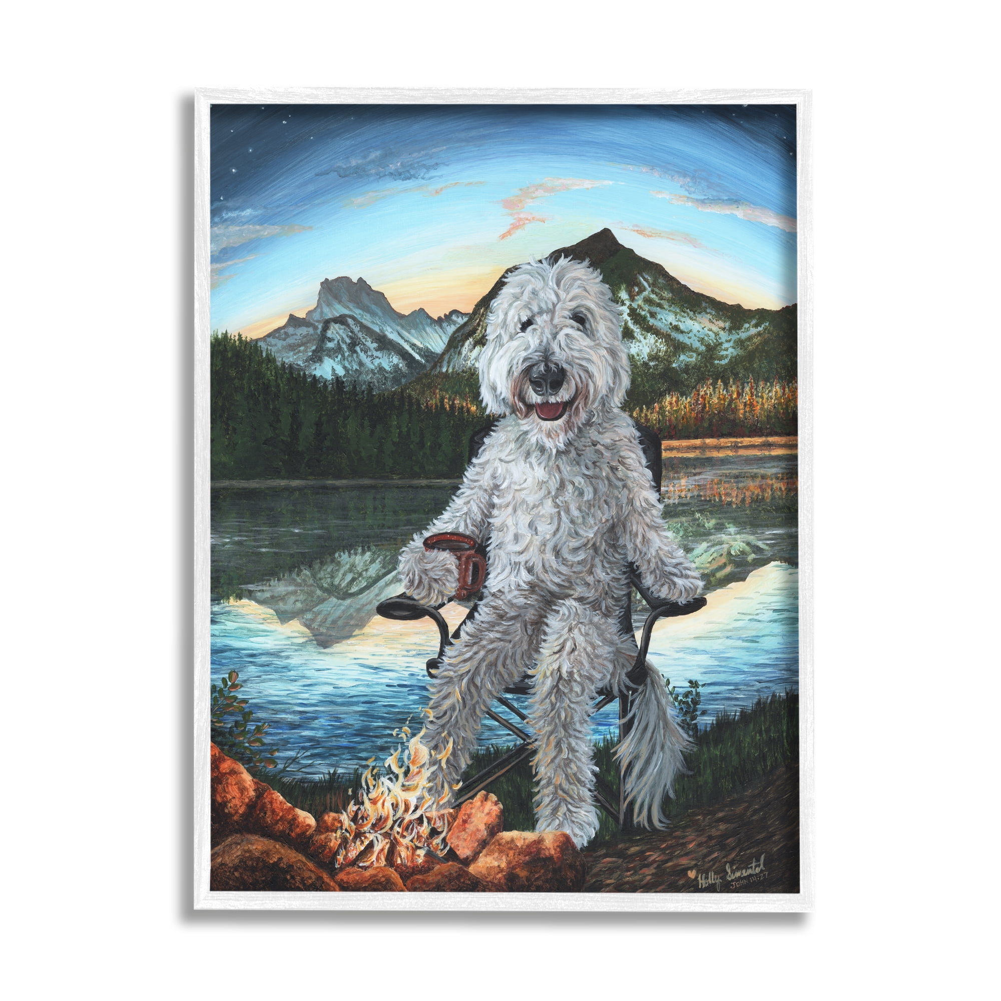 Stupell Industries Dog by Campfire Landscape Nature Painting White Framed Art Print Wall Art, 11 x 14