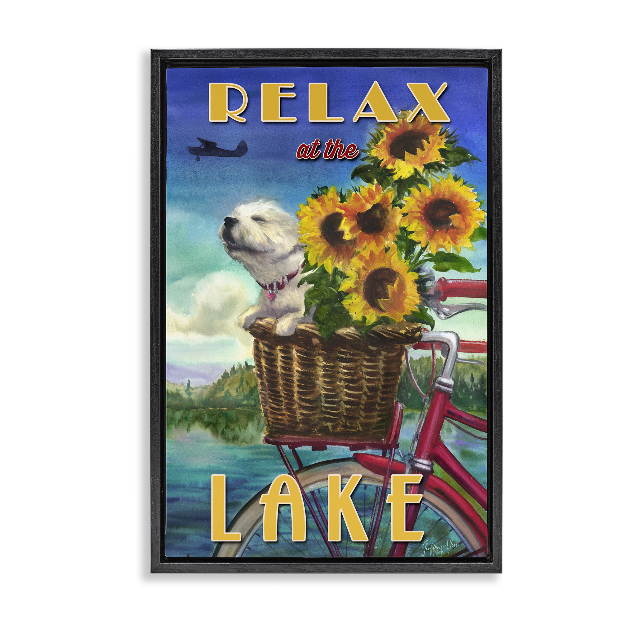Stupell Industries Dog in Bicycle Basket Animals Painting Black Floater Framed Canvas Art Print Wall Art, 17 x 25