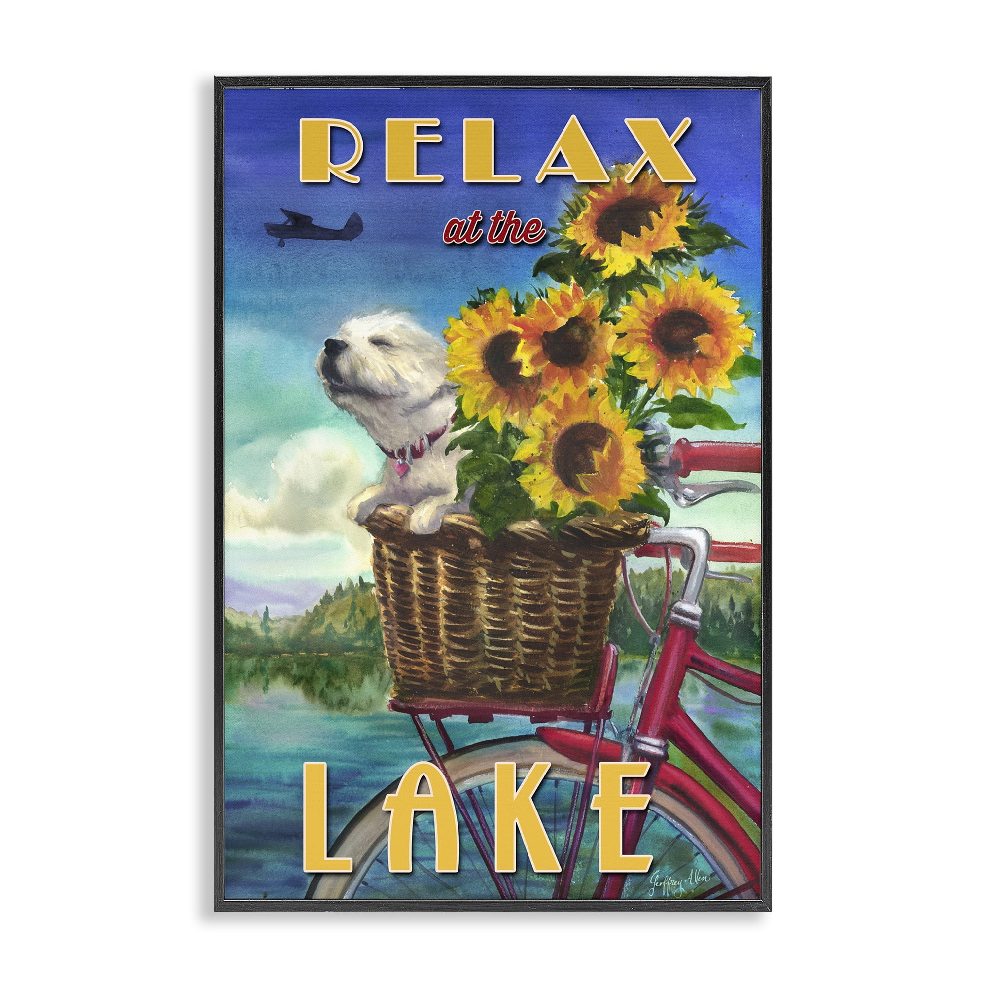 Stupell Industries Dog in Bicycle Basket Animals Painting Black Framed Art Print Wall Art, 20 x 30