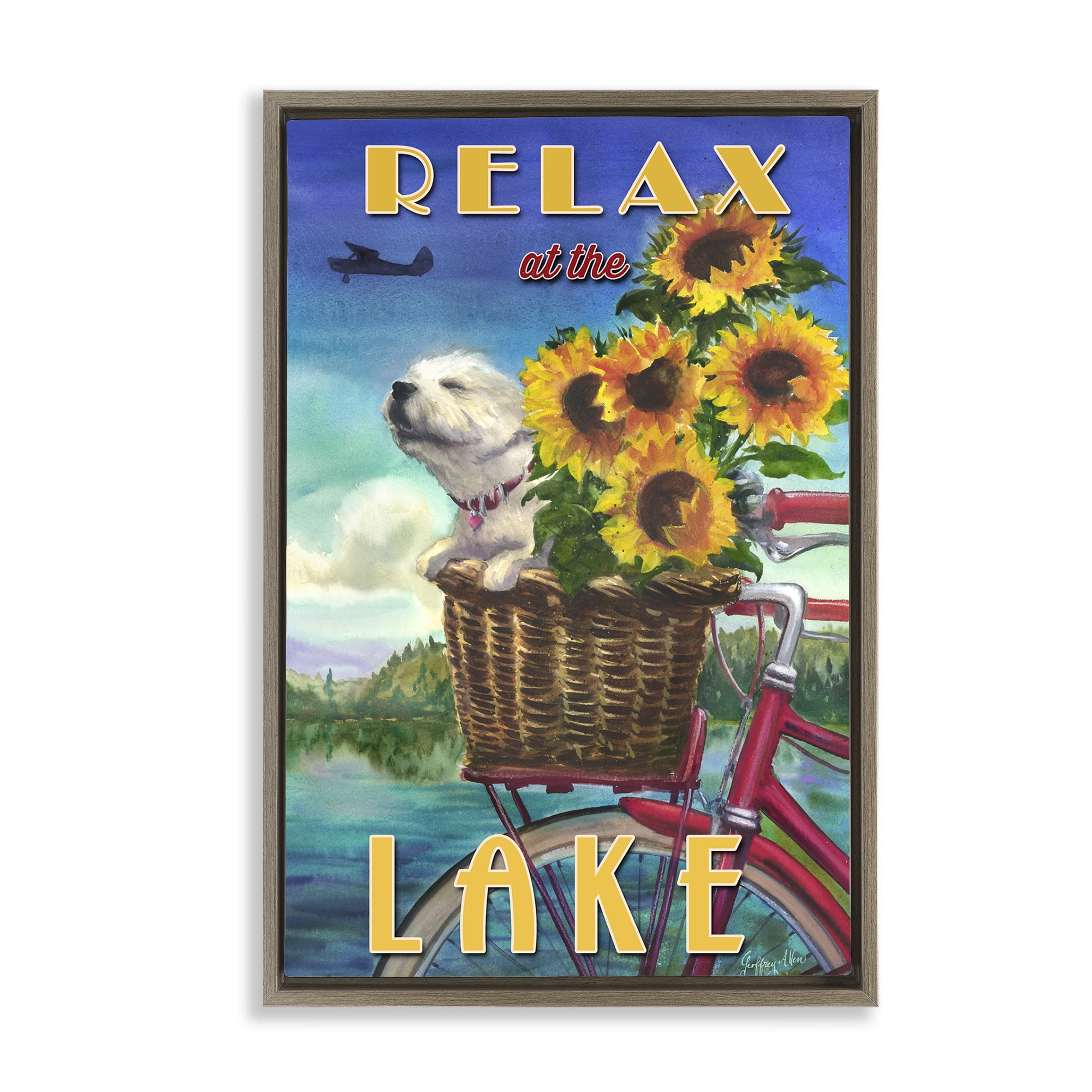 Stupell Industries Dog in Bicycle Basket Animals Painting Brown Floater Framed Canvas Art Print Wall Art, 21 x 31