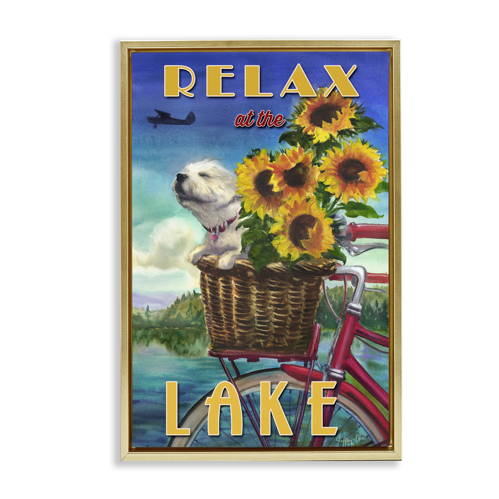 Stupell Industries Dog in Bicycle Basket Animals Painting Gold Floater Framed Canvas Art Print Wall Art, 17 x 25