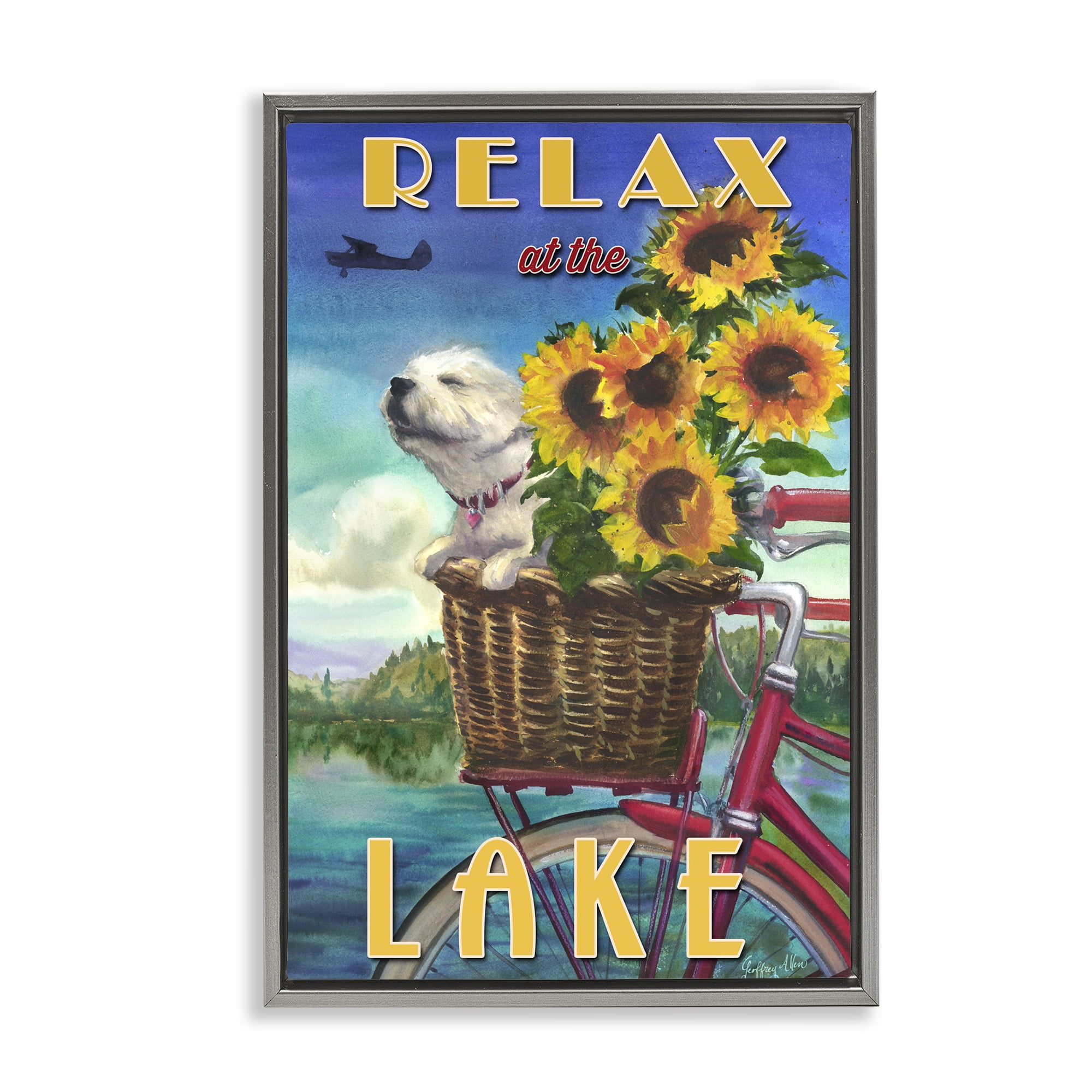 Stupell Industries Dog in Bicycle Basket Animals Painting Gray Floater Framed Canvas Art Print Wall Art, 17 x 25