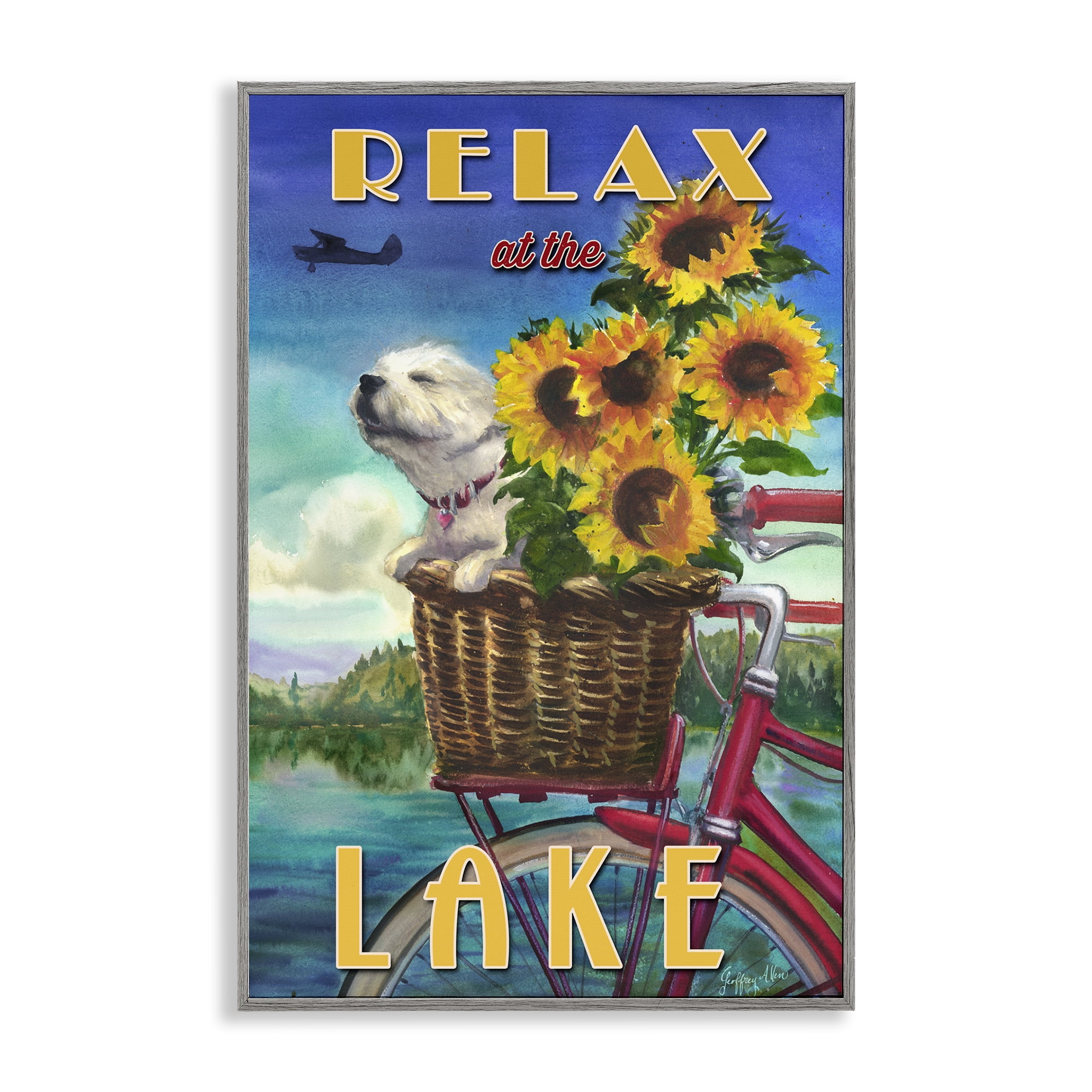 Stupell Industries Dog in Bicycle Basket Animals Painting Gray Framed Art Print Wall Art, 16 x 24