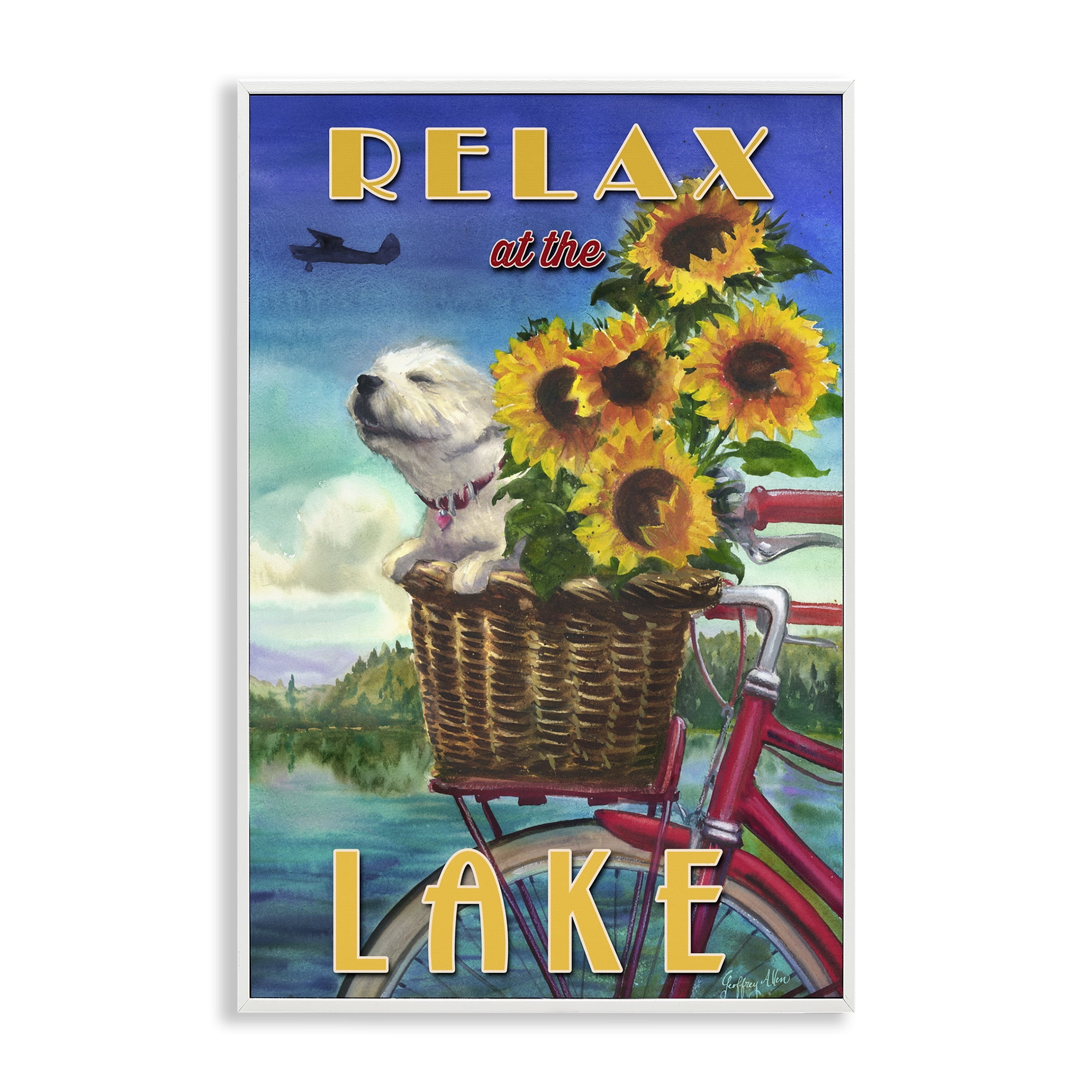 Stupell Industries Dog in Bicycle Basket Animals Painting White Framed Art Print Wall Art, 16 x 24