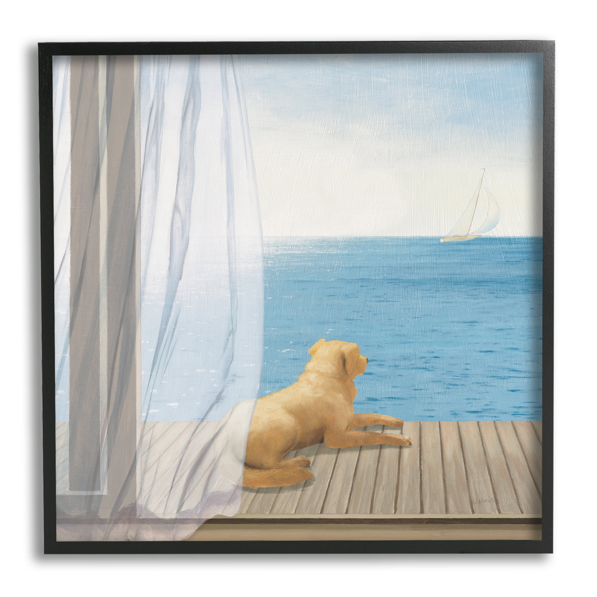 Stupell Industries Dog in Coastal Window Animals & Insects Painting Black Framed Art Print Wall Art, 24 x 24