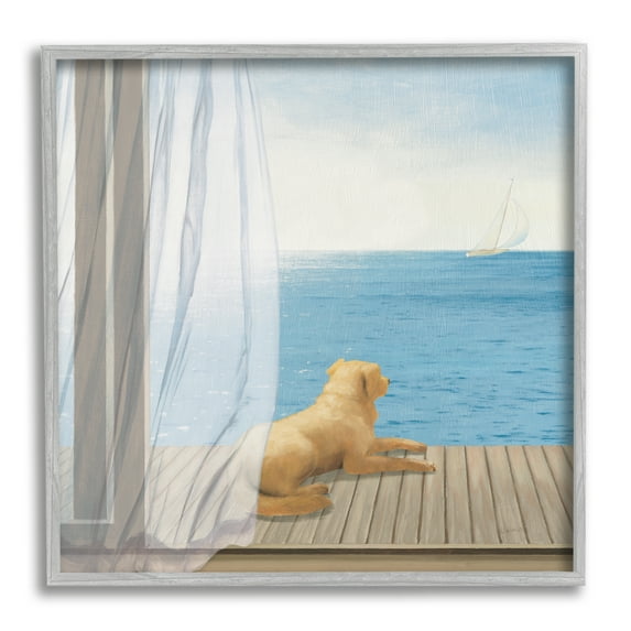 Stupell Industries Dog in Coastal Window Animals & Insects Painting Gray Framed Art Print Wall Art, 24 x 24