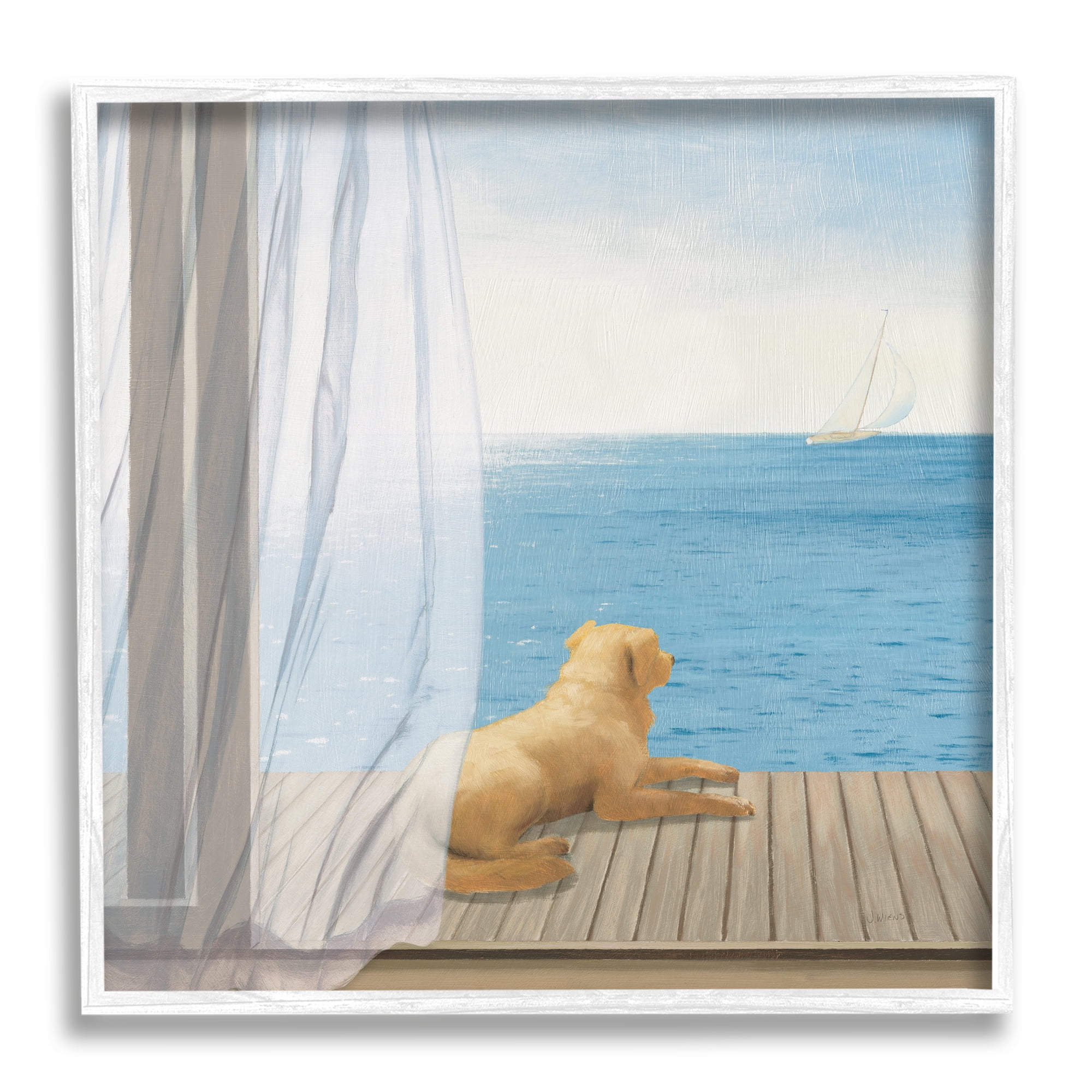 Stupell Industries Dog in Coastal Window Animals & Insects Painting White Framed Art Print Wall Art, 12 x 12