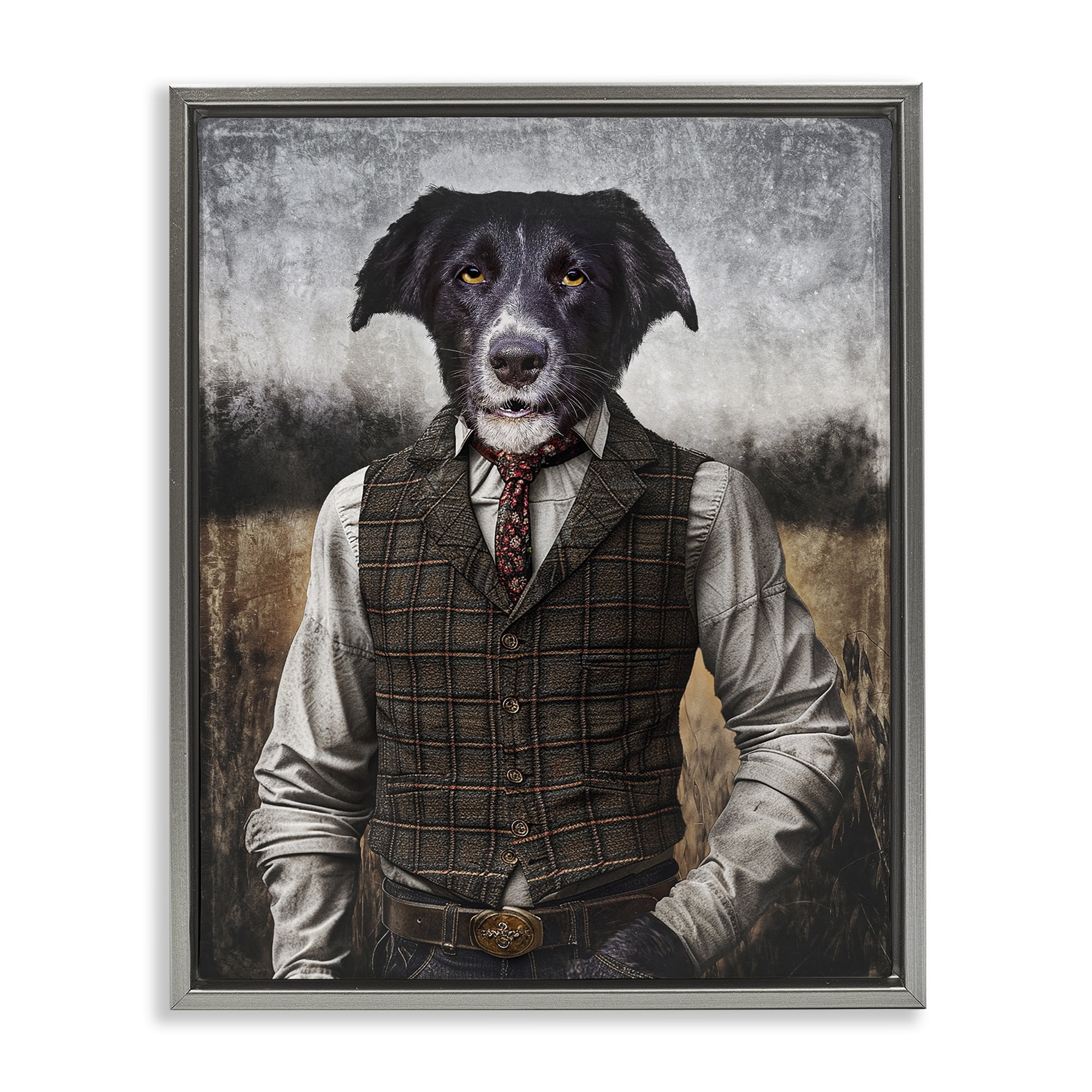 Stupell Industries Dog in Colonial Clothes Animals & Insects Painting Gray Floater Framed Canvas Art Print Wall Art, 25 x 31