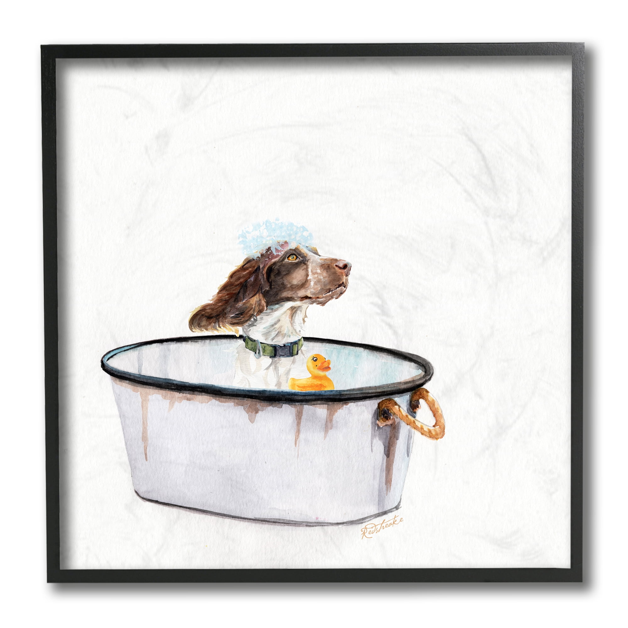 Stupell Industries Dog in Country Bath Tin with Rubber Duck Black Framed, 12 x 12, Design by Jennifer Redstreake