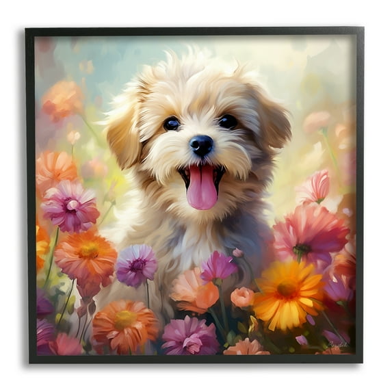 Stupell Industries Dog in Daisy Meadow Animals & Insects Painting Black Framed Art Print Wall Art, 12 x 12