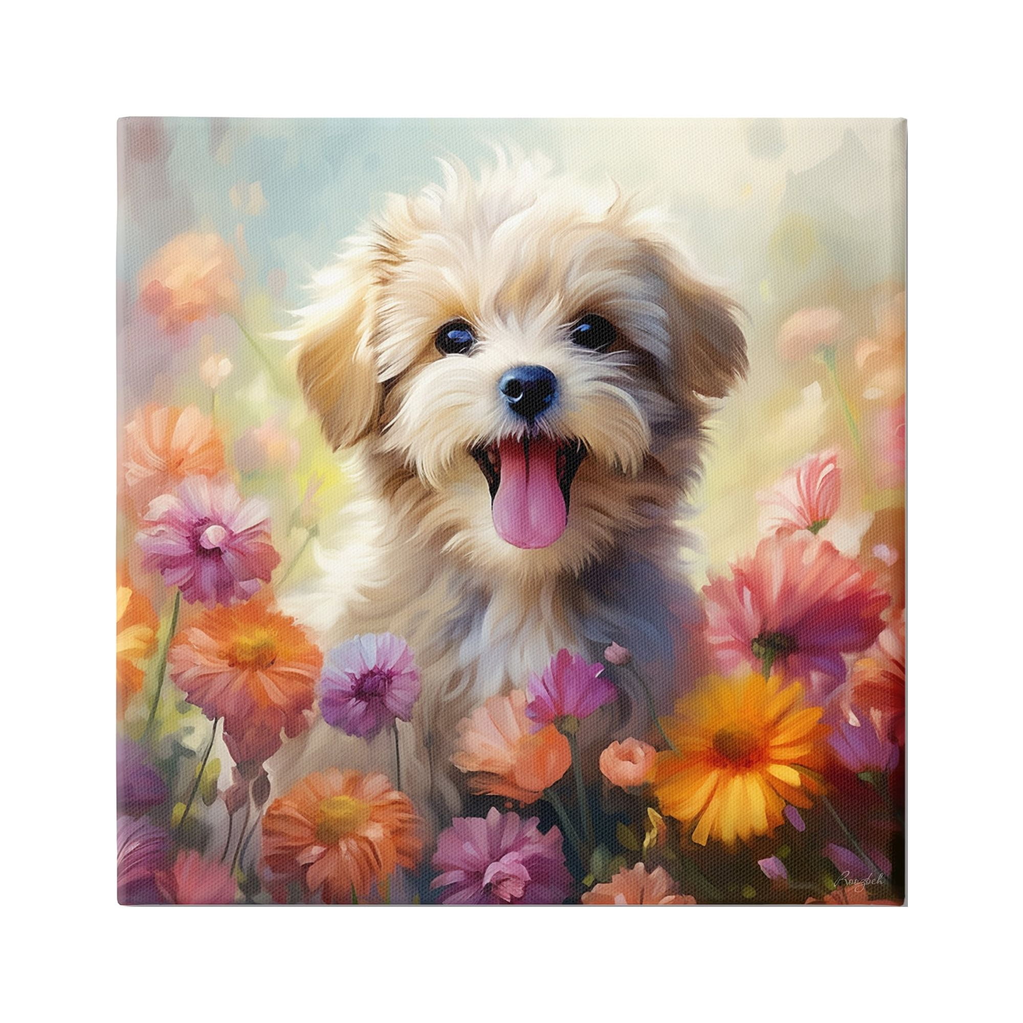 Stupell Industries Dog in Daisy Meadow Animals & Insects Painting Gallery Wrapped Canvas Art Print Wall Art, 17 x 17