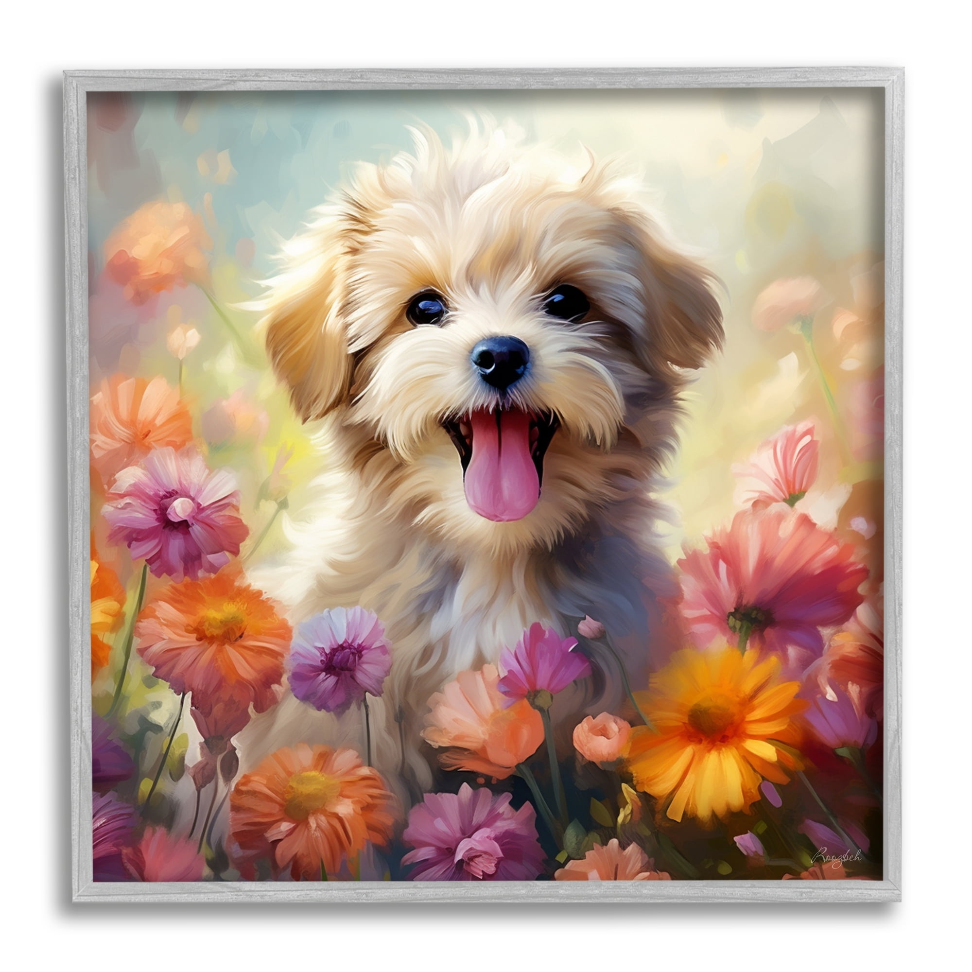 Stupell Industries Dog in Daisy Meadow Animals & Insects Painting Gray Framed Art Print Wall Art, 17 x 17