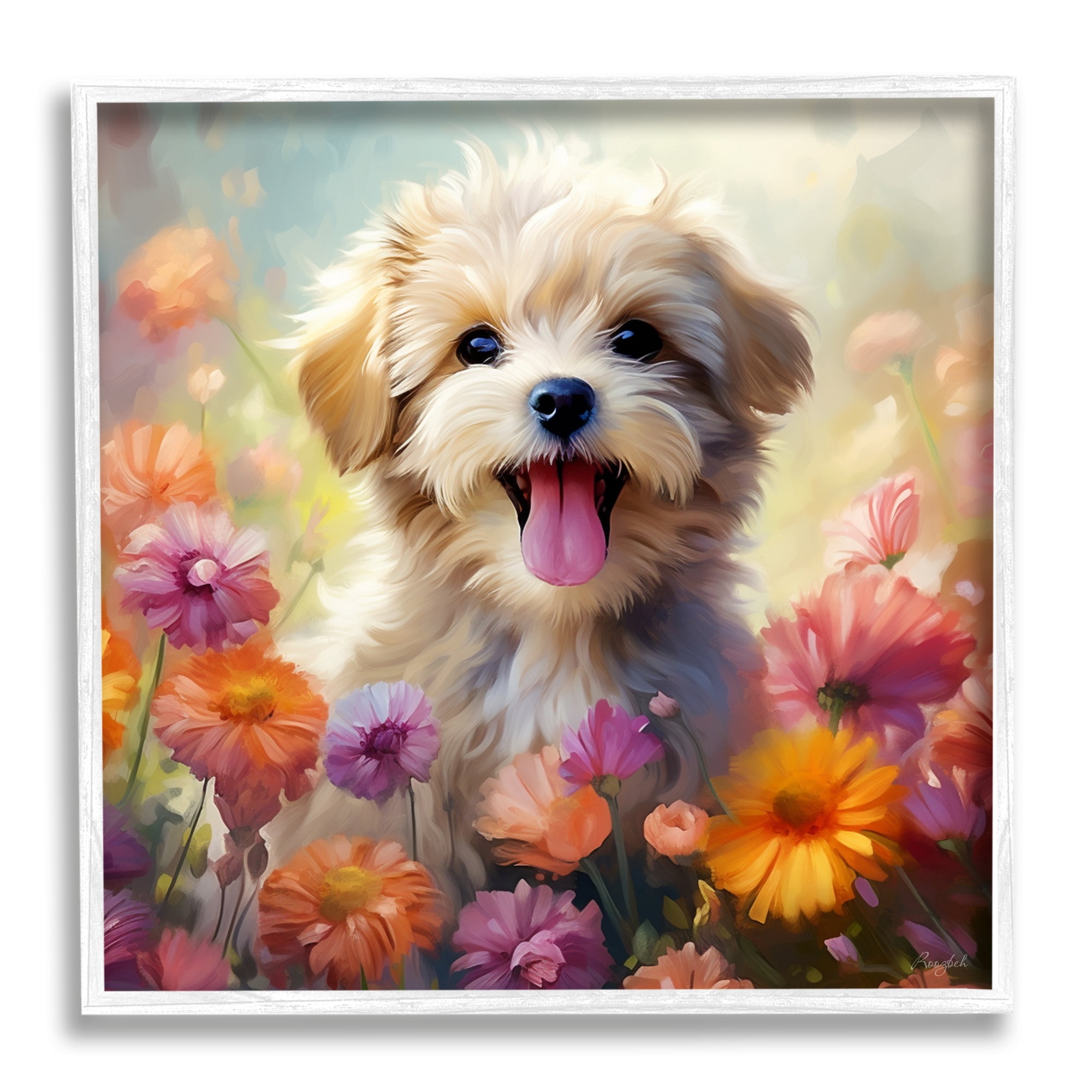 Stupell Industries Dog in Daisy Meadow Animals & Insects Painting White Framed Art Print Wall Art, 12 x 12