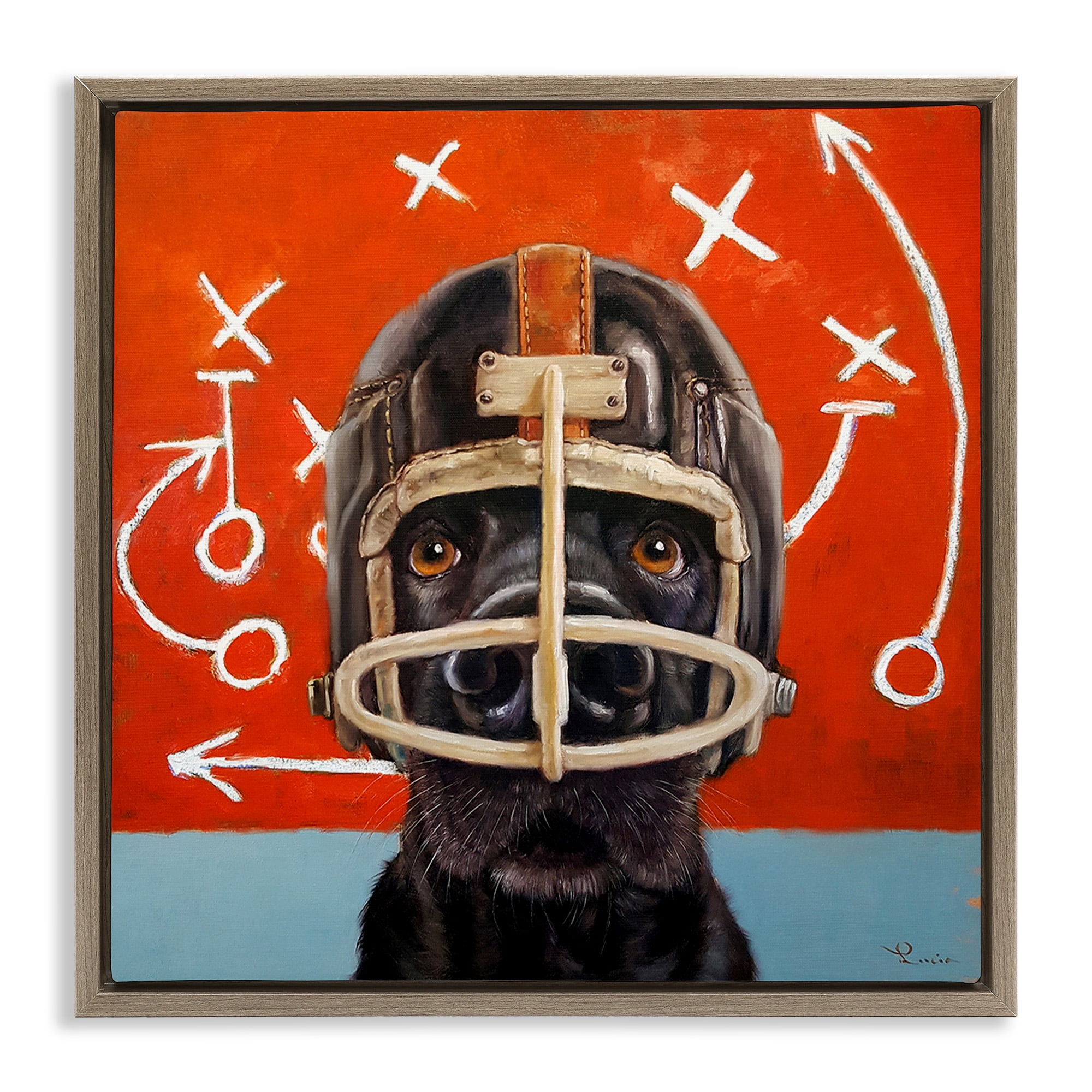 Stupell Industries Dog in Football Helmet Sports Plays Animals & Insects Painting Brown Floater Framed Canvas Art Print Wall Art, 18 x 18
