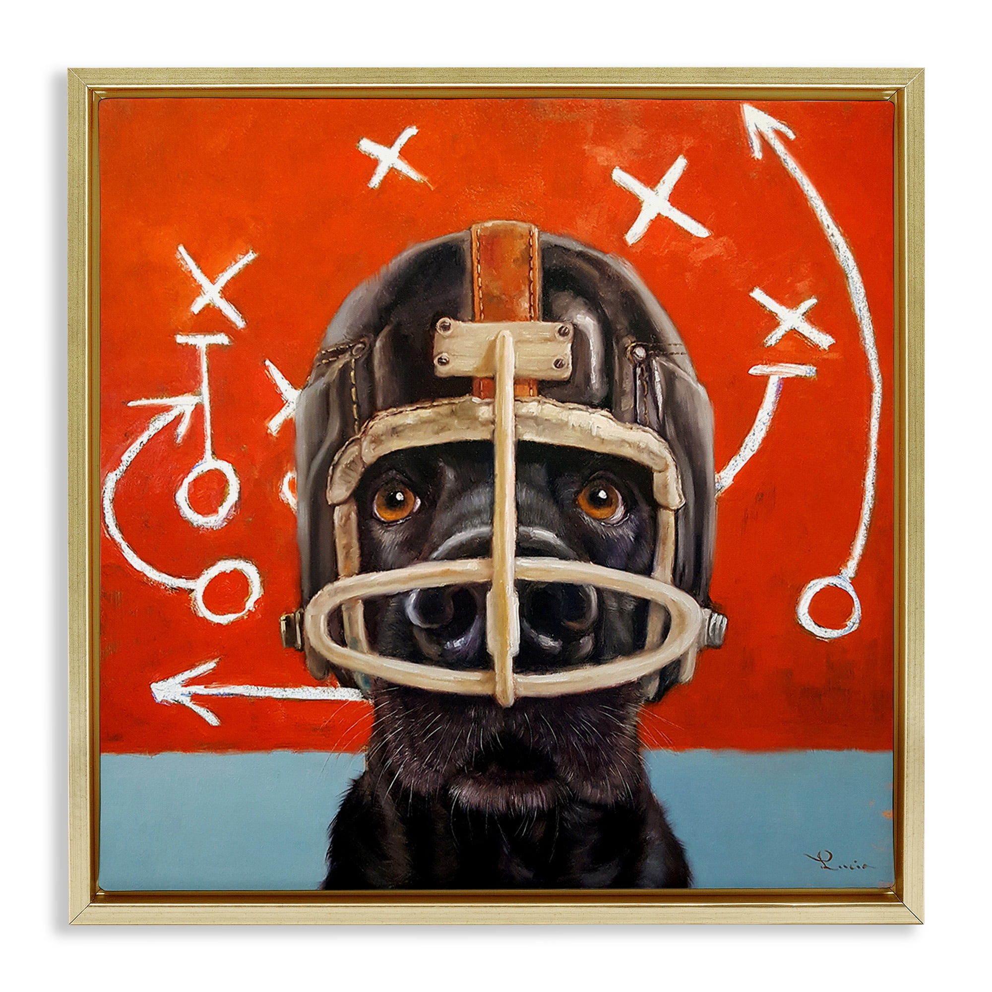 Stupell Industries Dog in Football Helmet Sports Plays Animals & Insects Painting Gold Floater Framed Canvas Art Print Wall Art, 18 x 18