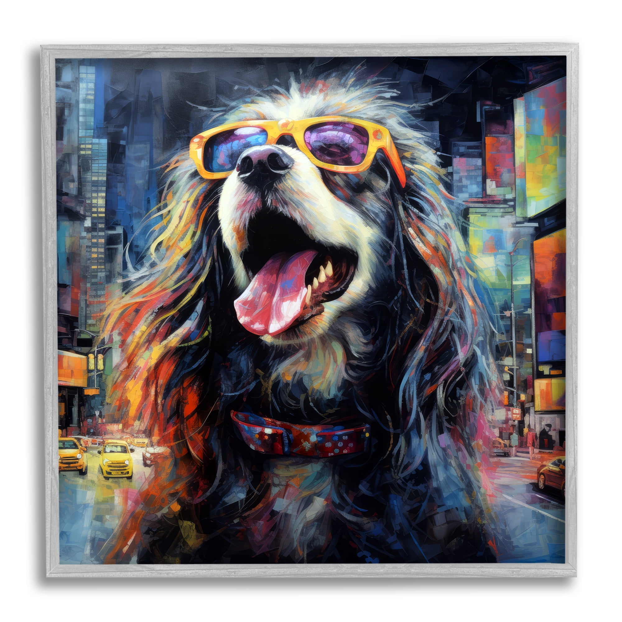Stupell Industries Dog in Modern City Animals & Insects Painting Gray Framed Art Print Wall Art, 24 x 24