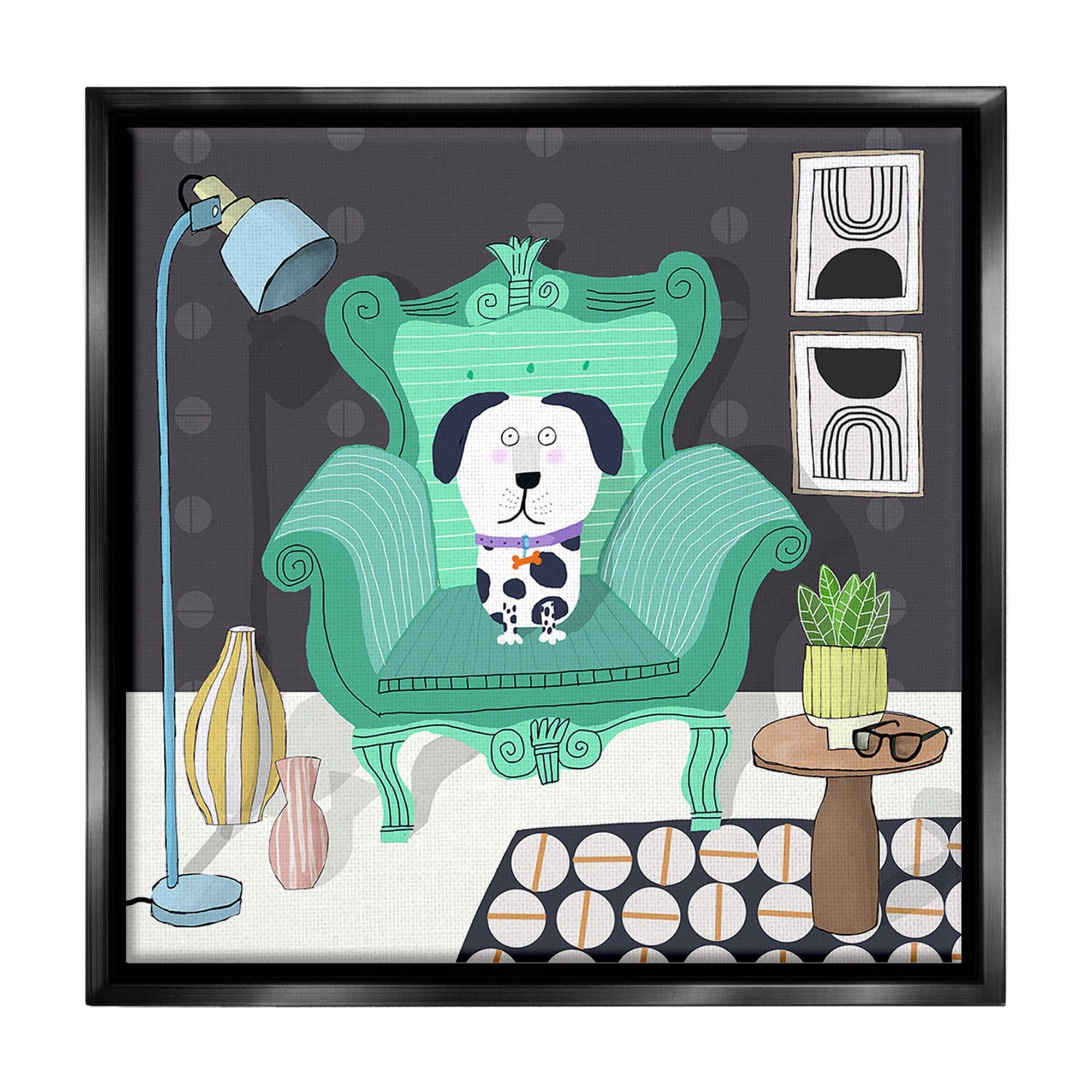 Stupell Industries Dog in Modern Room Animals & Insects Painting Black Floater Framed Canvas Art Print Wall Art, 25 x 25