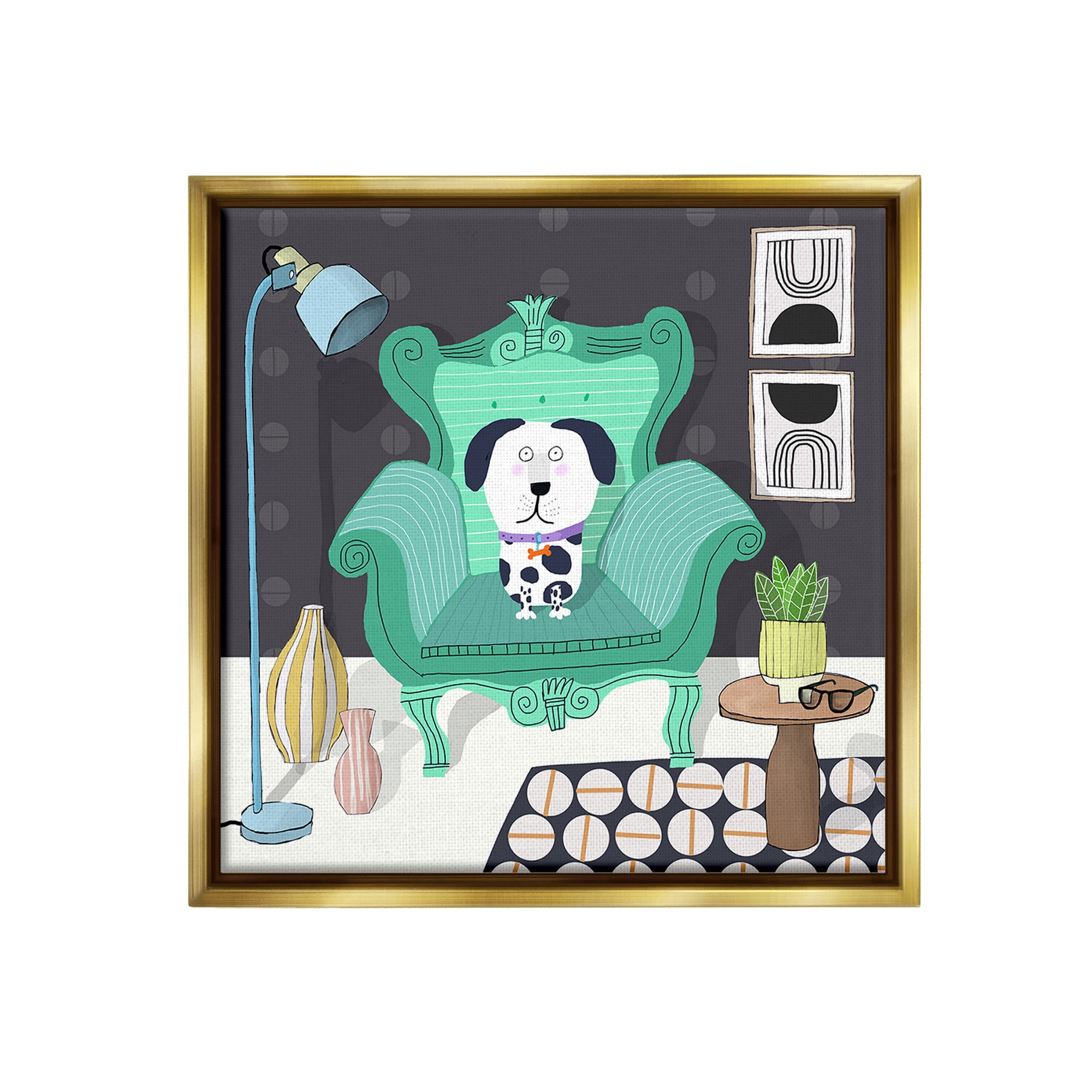 Stupell Industries Dog in Modern Room Animals & Insects Painting Gold Floater Framed Canvas Art Print Wall Art, 18 x 18
