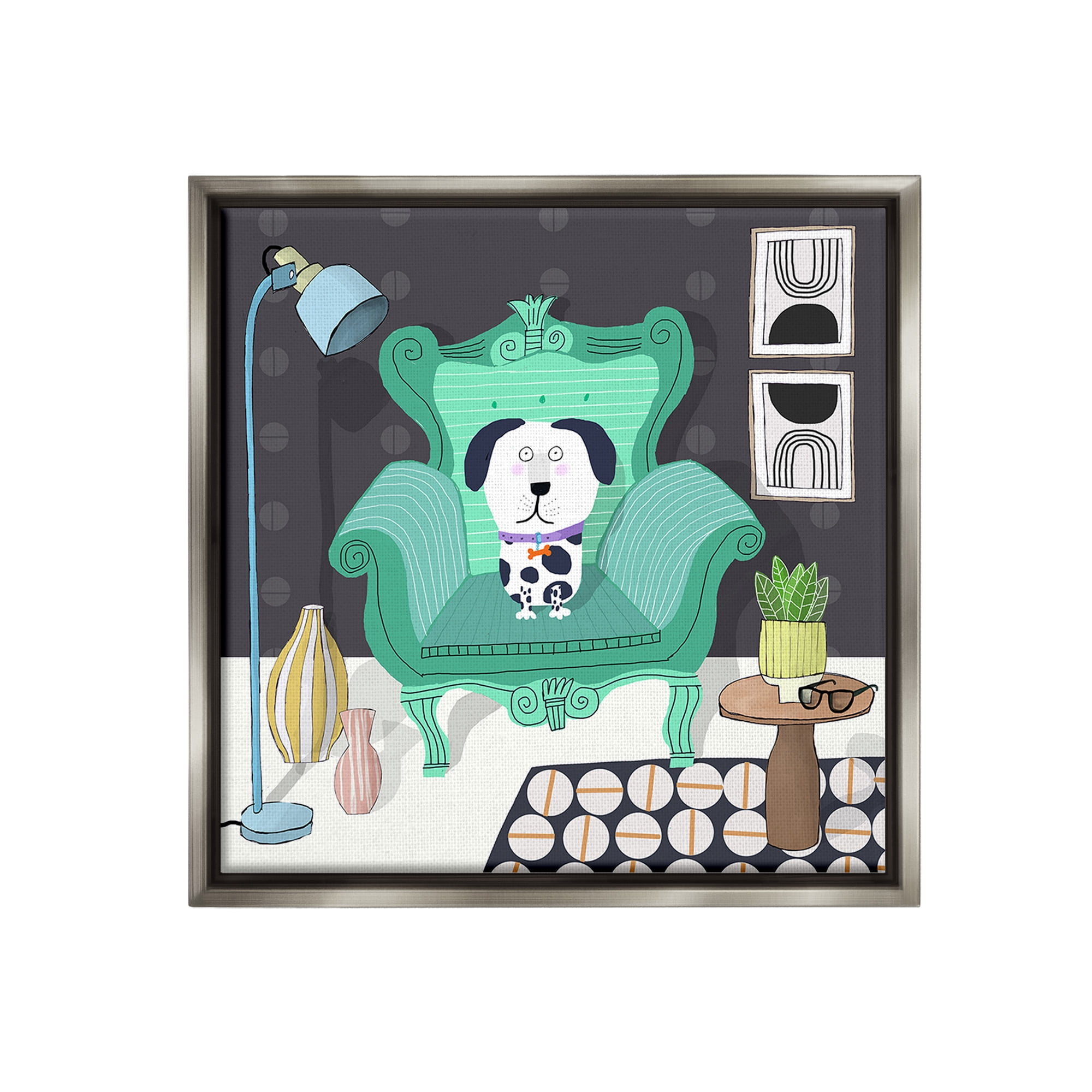 Stupell Industries Dog in Modern Room Animals & Insects Painting Gray Floater Framed Canvas Art Print Wall Art, 25 x 25