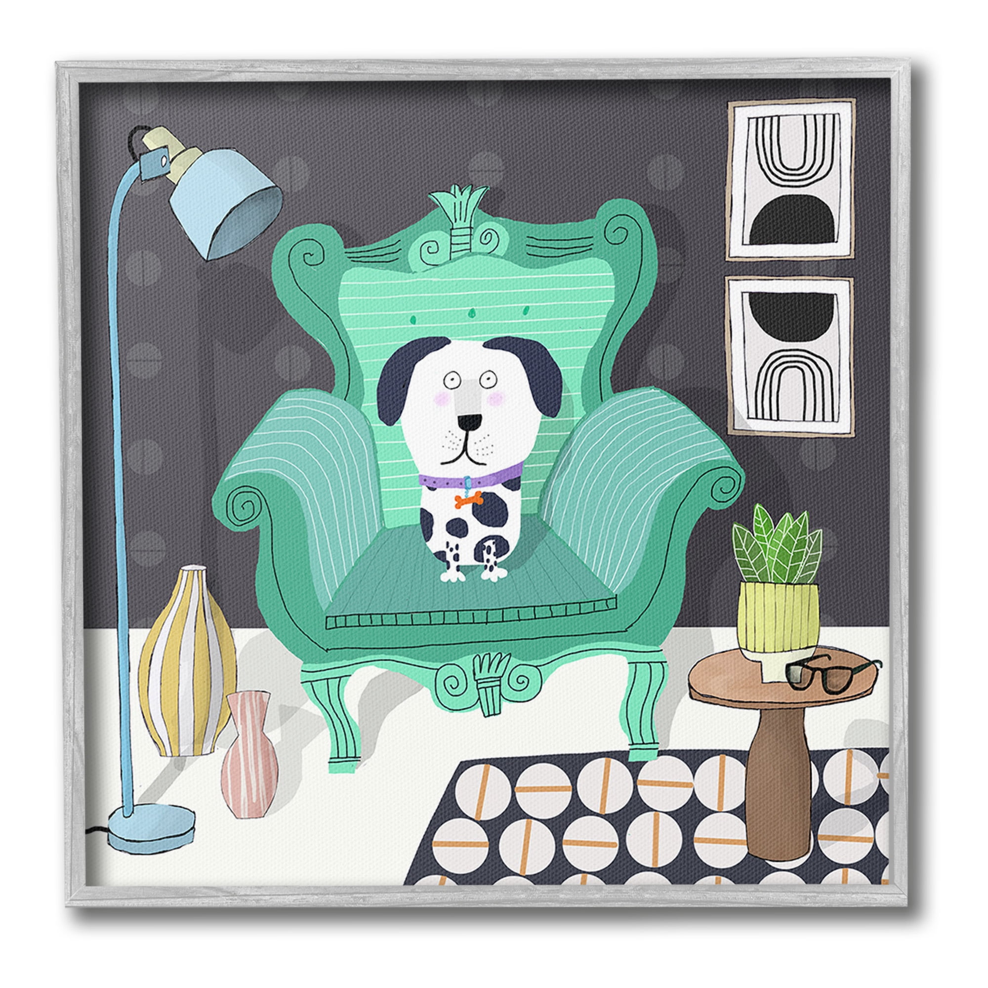 Stupell Industries Dog in Modern Room Animals & Insects Painting Gray Framed Art Print Wall Art, 17 x 17