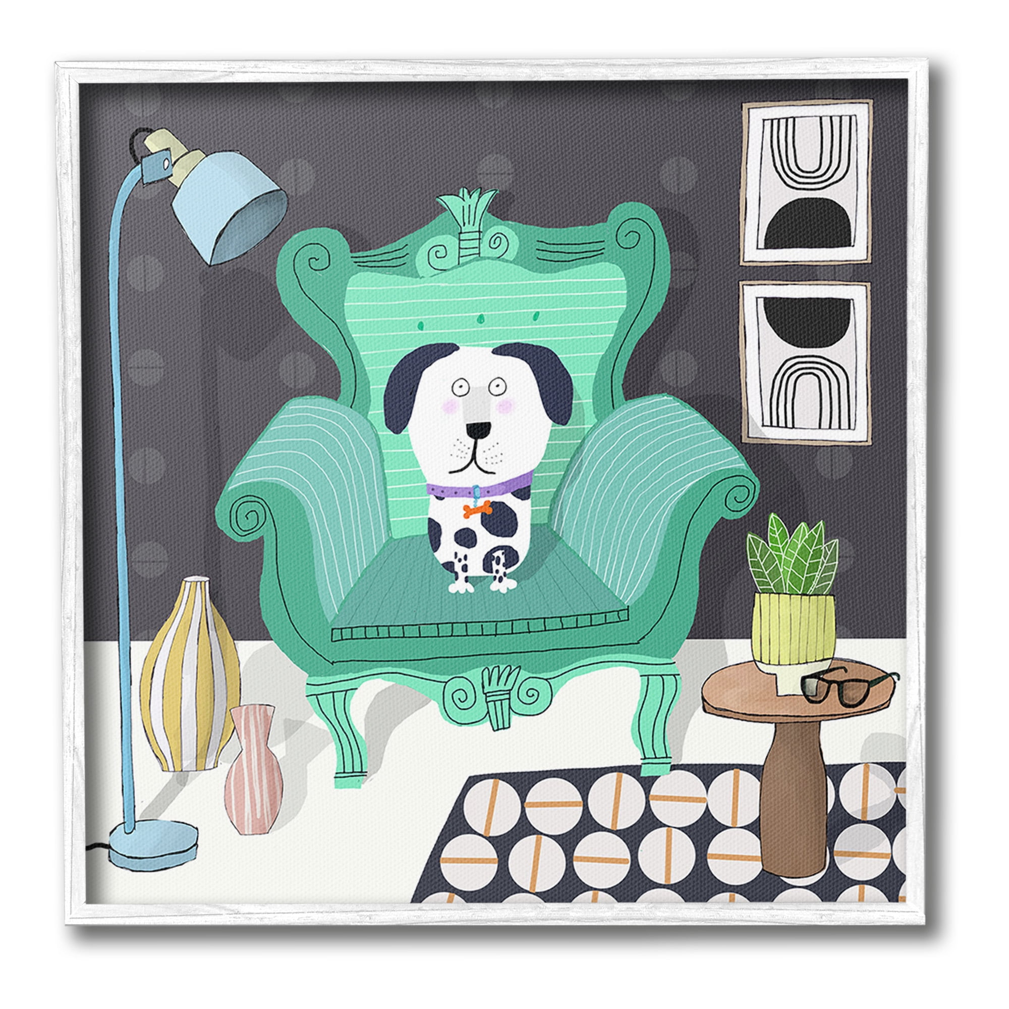 Stupell Industries Dog in Modern Room Animals & Insects Painting White Framed Art Print Wall Art, 12 x 12